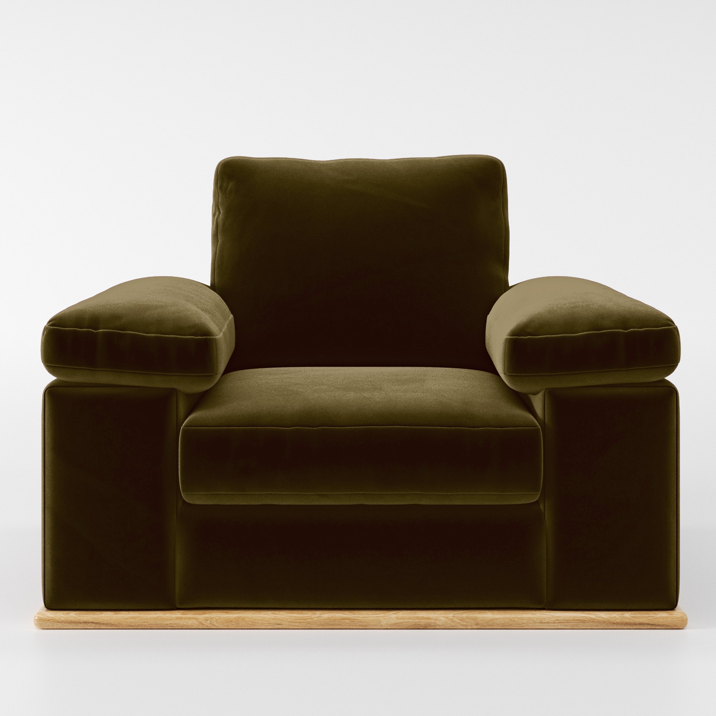 Front view of the Cusher armchair upholstered in Plush EasyClean Velvet in Cedar.