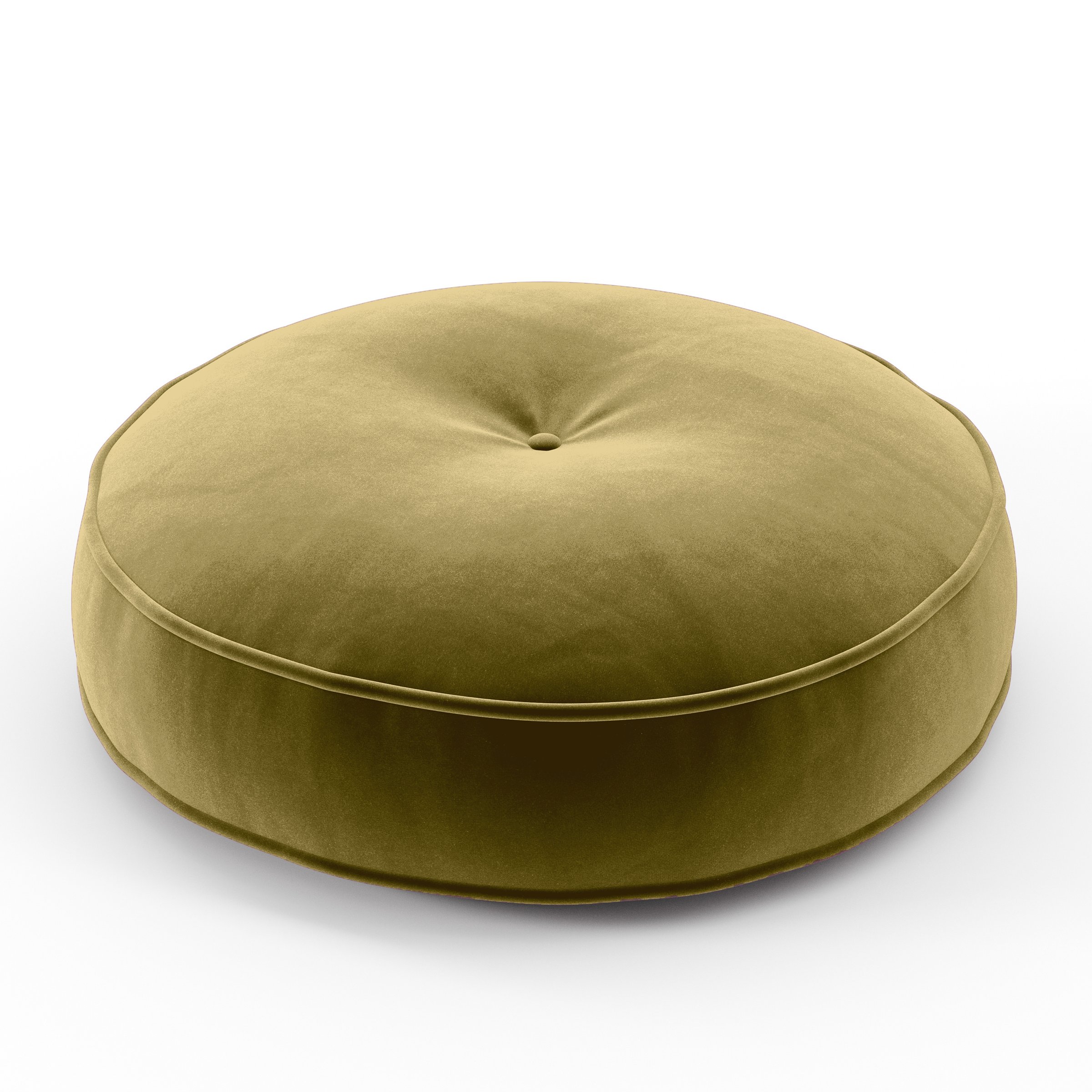 Cove Cushion round tufted cushion with piping upholstered in Plush EasyClean Velvet in Celery, size 50cm x 8.75cm.