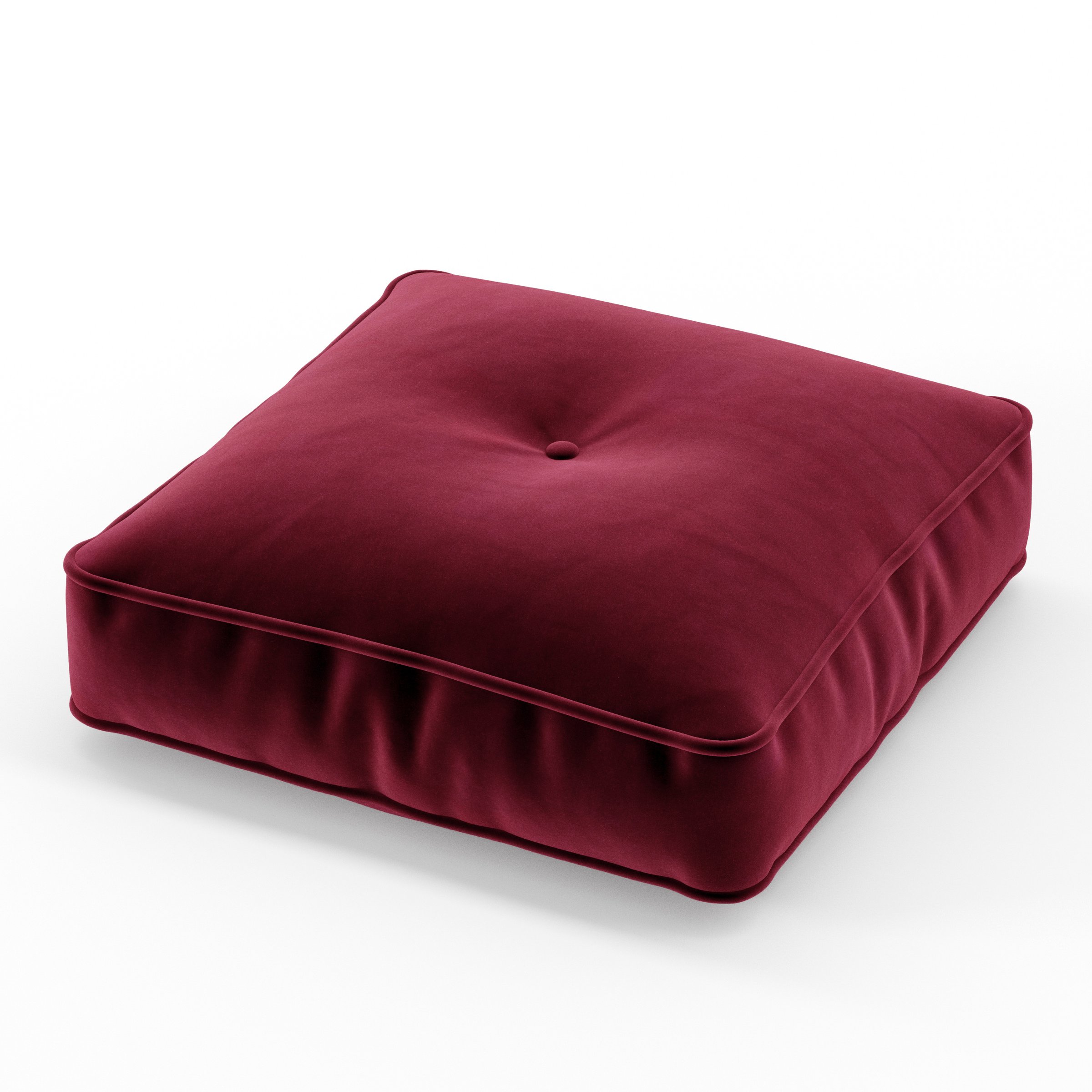 Base cushion in Noss Velvet Plum, square tufted cushion with border and piping in deep plum velvet with soft central tuft, size 40cm x 40cm x 8.75cm