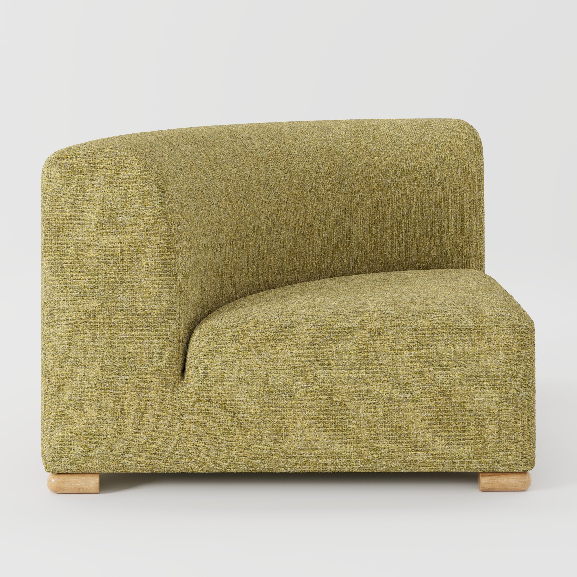 Tay corner sofa unit in Heyling Tweed Sencha shown from the side highlighting the curved backrest and deep seat with timber feet.