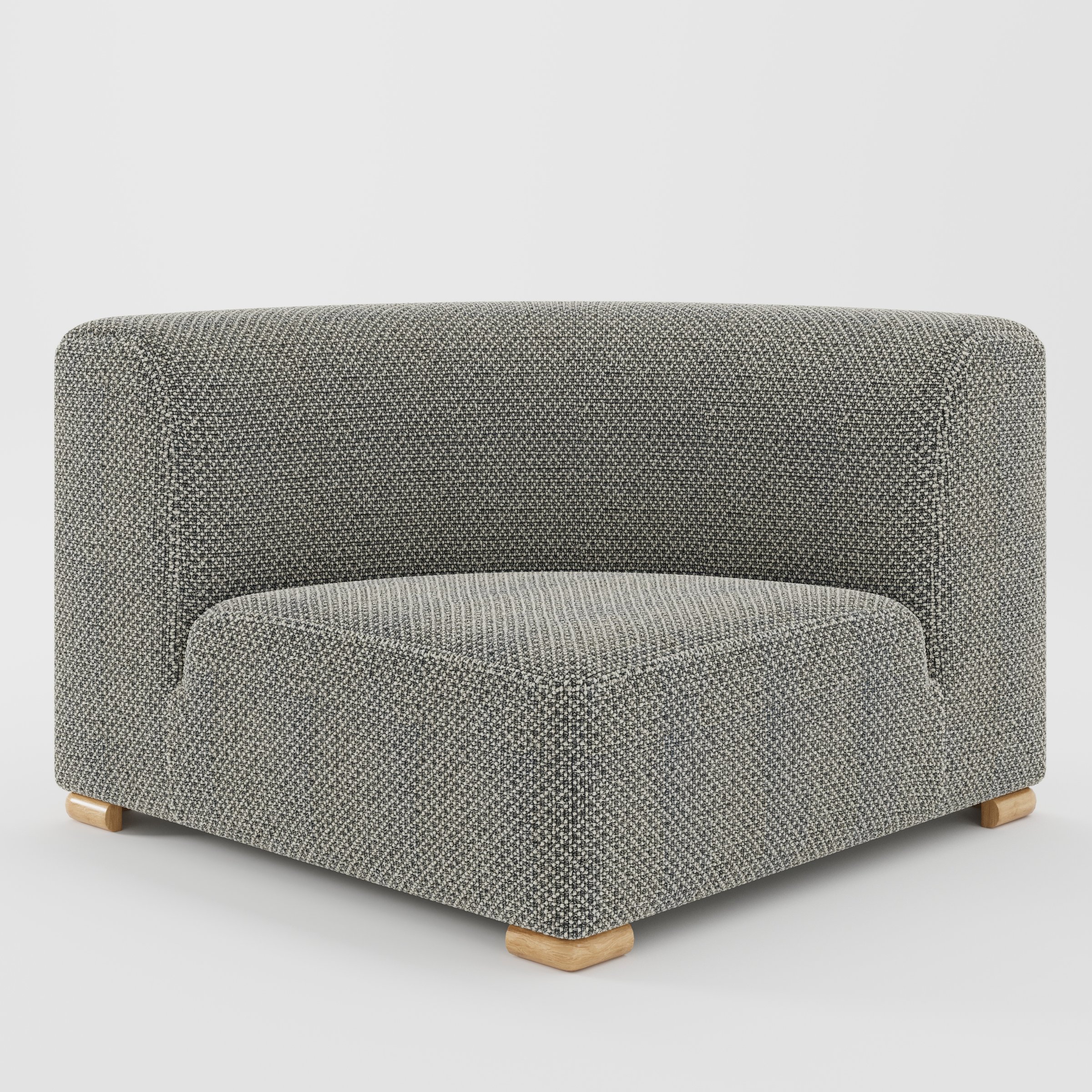 Tay corner sofa unit in Rousay Wool Blend Tar and Chalk shown from the front with a curved corner seat, wraparound backrest and visible timber feet.