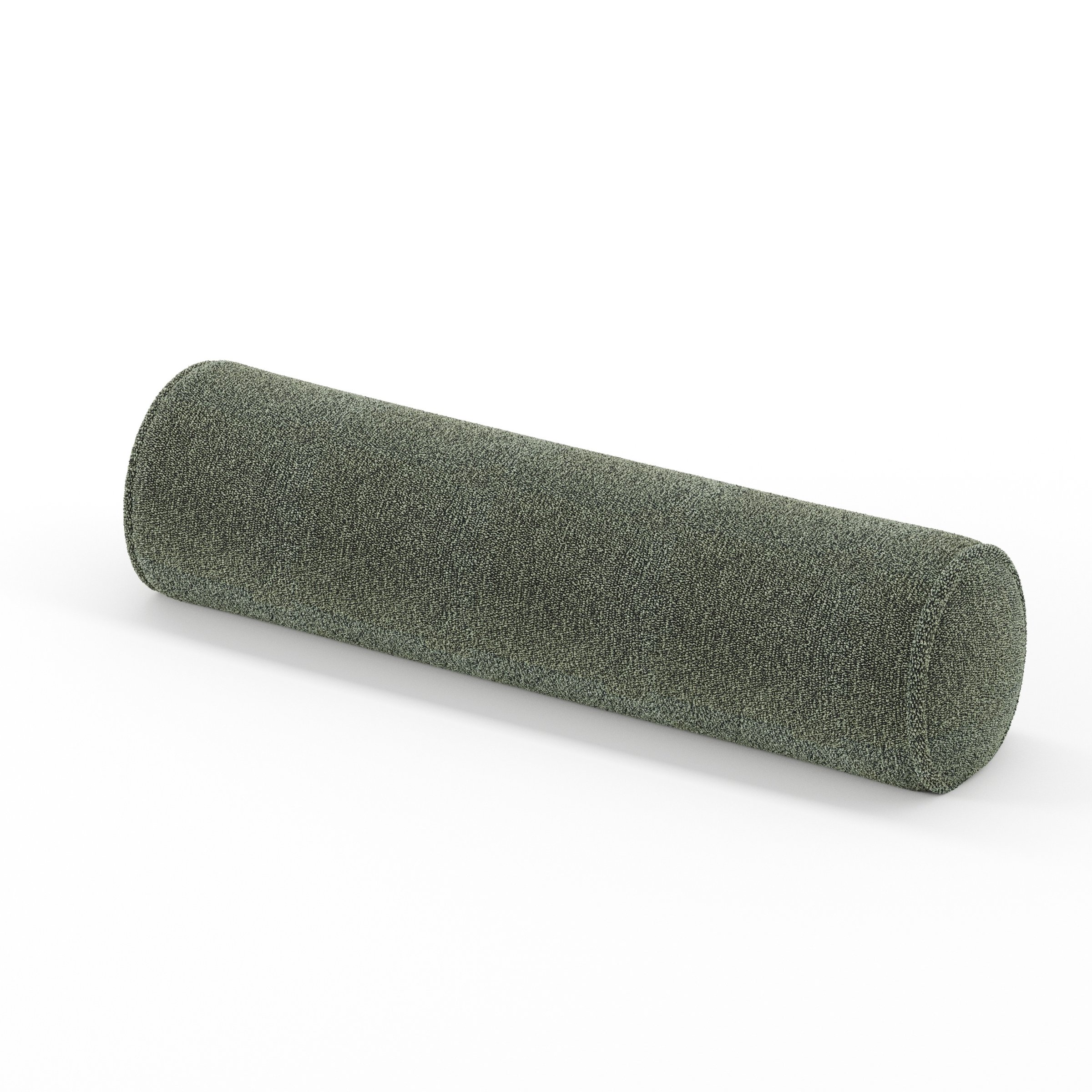 Ledger cushion in Kilda Boucle Moss, cylindrical bolster cushion in textured moss green boucle, size 14cm x 56cm