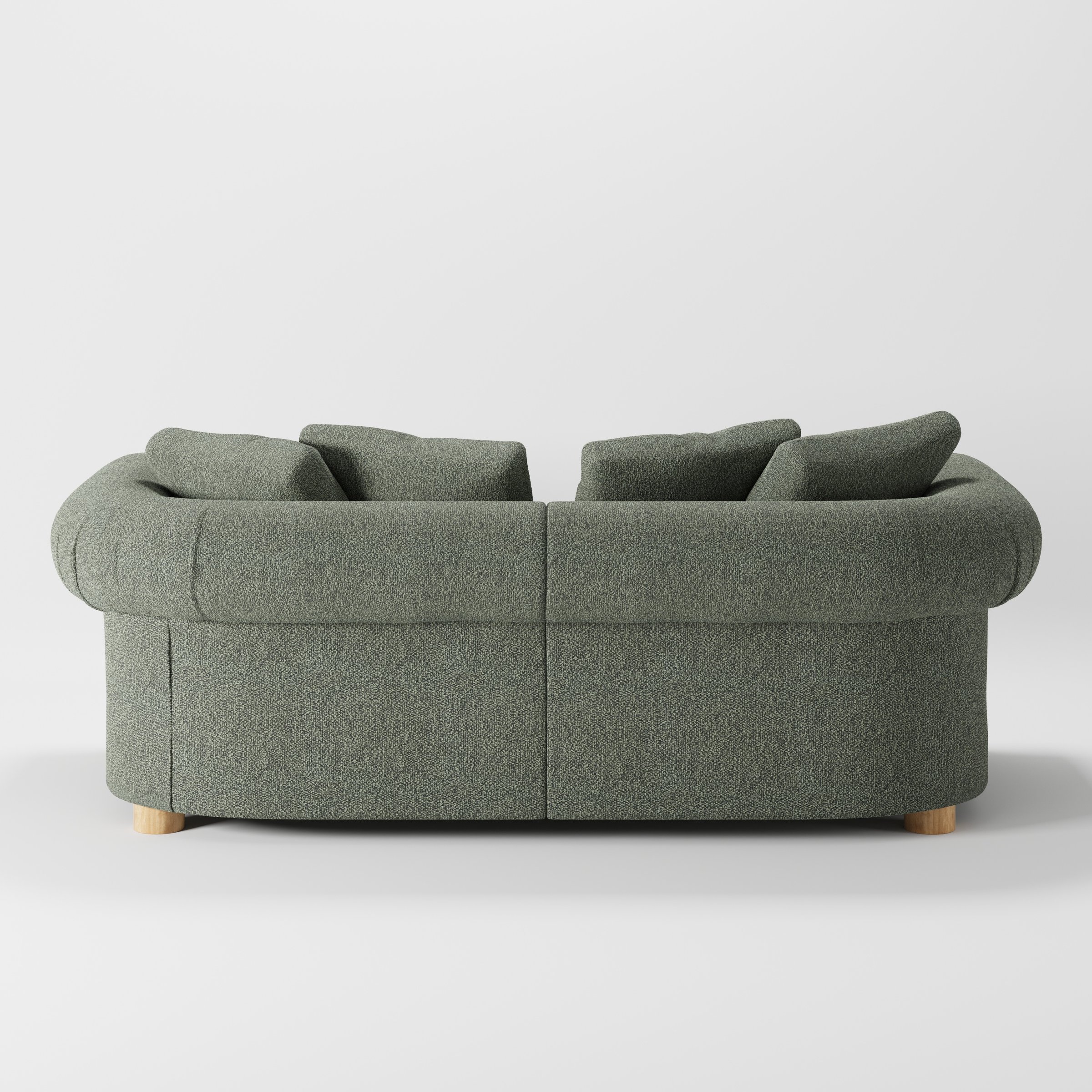 Windermere sofa in Kilda Boucle Moss shown from the rear highlighting back cushions and upholstery finish.