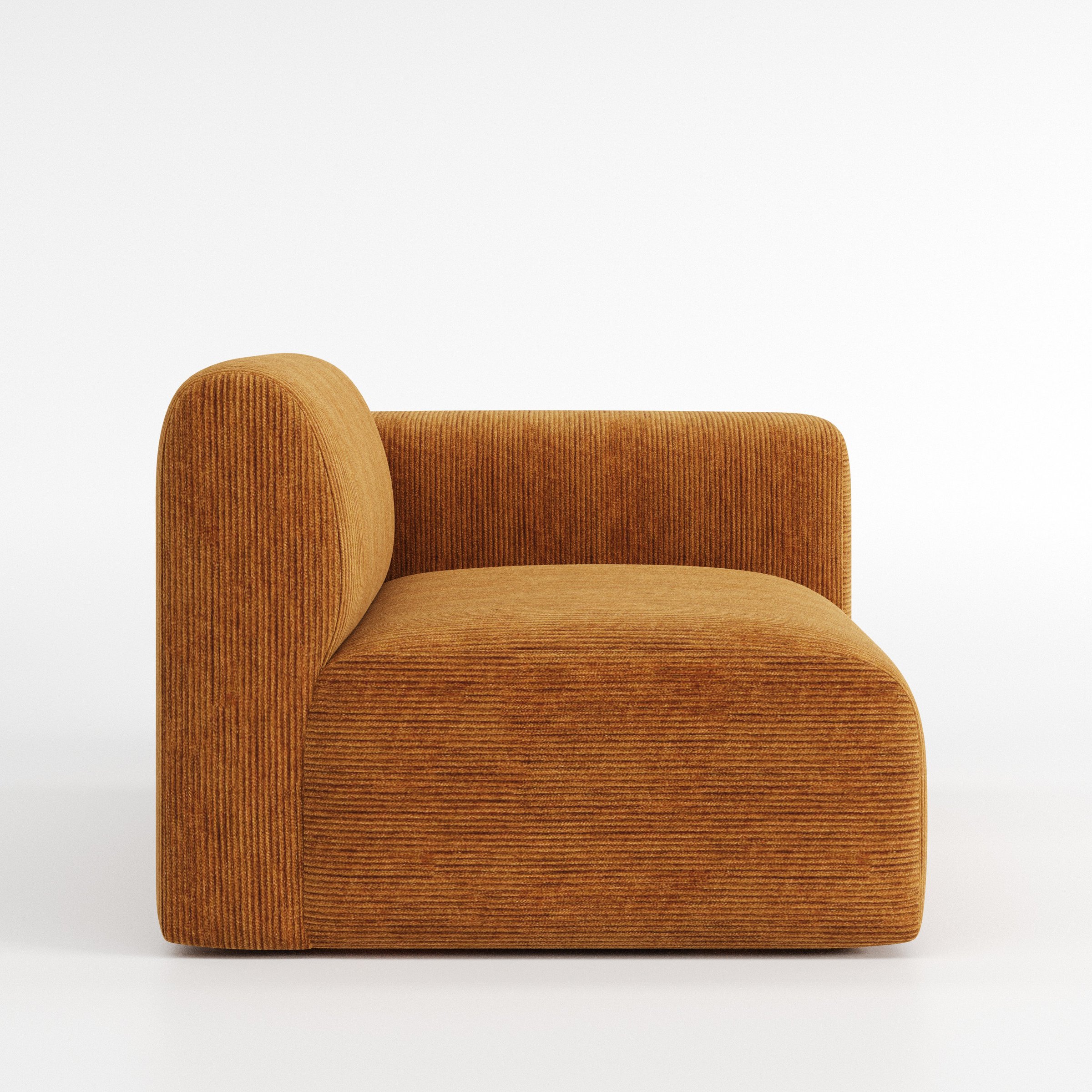 Drumquin modular sofa right side unit in Caldey Velvet Corduroy Tobacco shown from the side showing the rounded right armrest and deep seat profile.