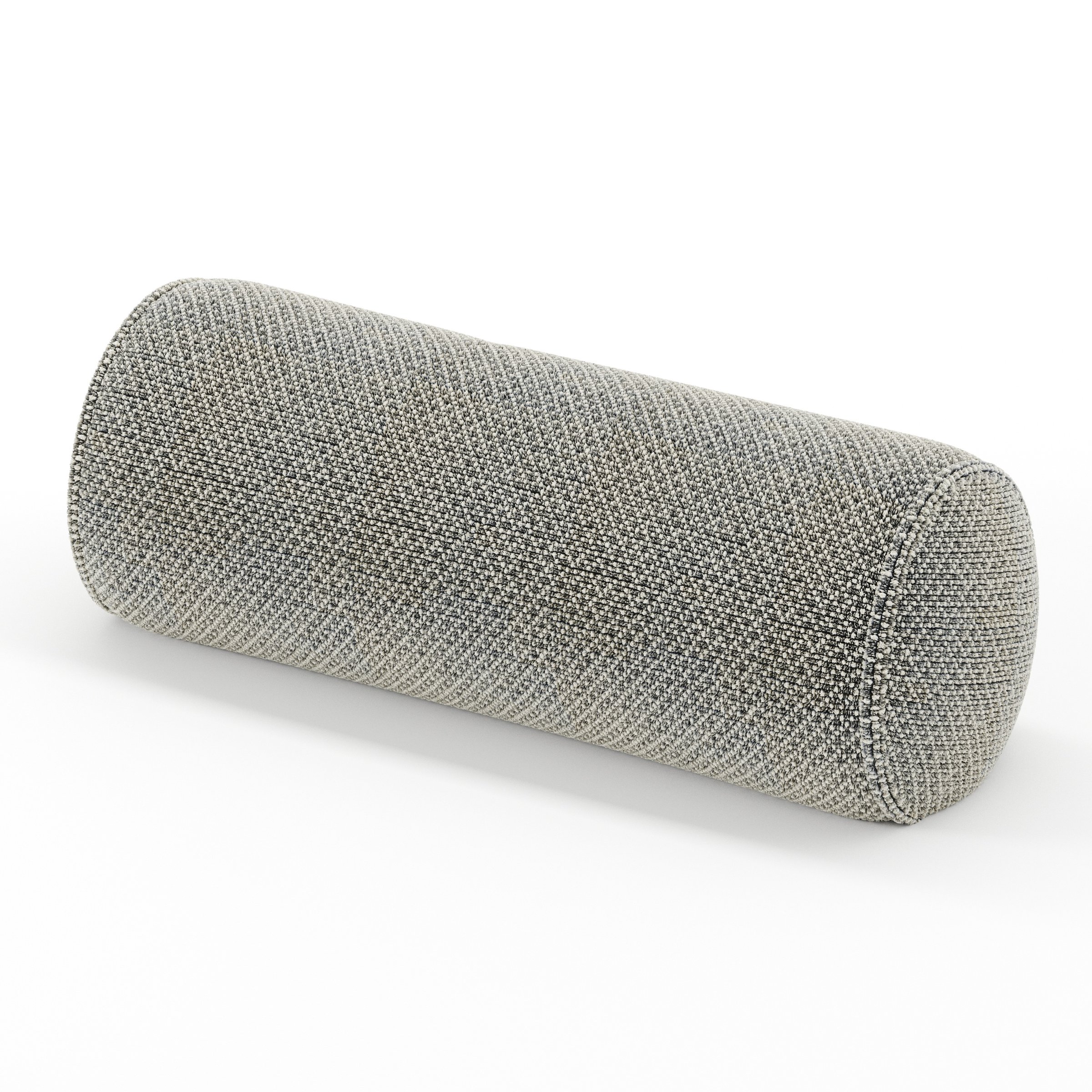 Ledger cushion in Rousay Wool Blend Tar and Chalk, cylindrical bolster cushion in speckled wool blend with dark and light contrast, size 20cm x 56cm