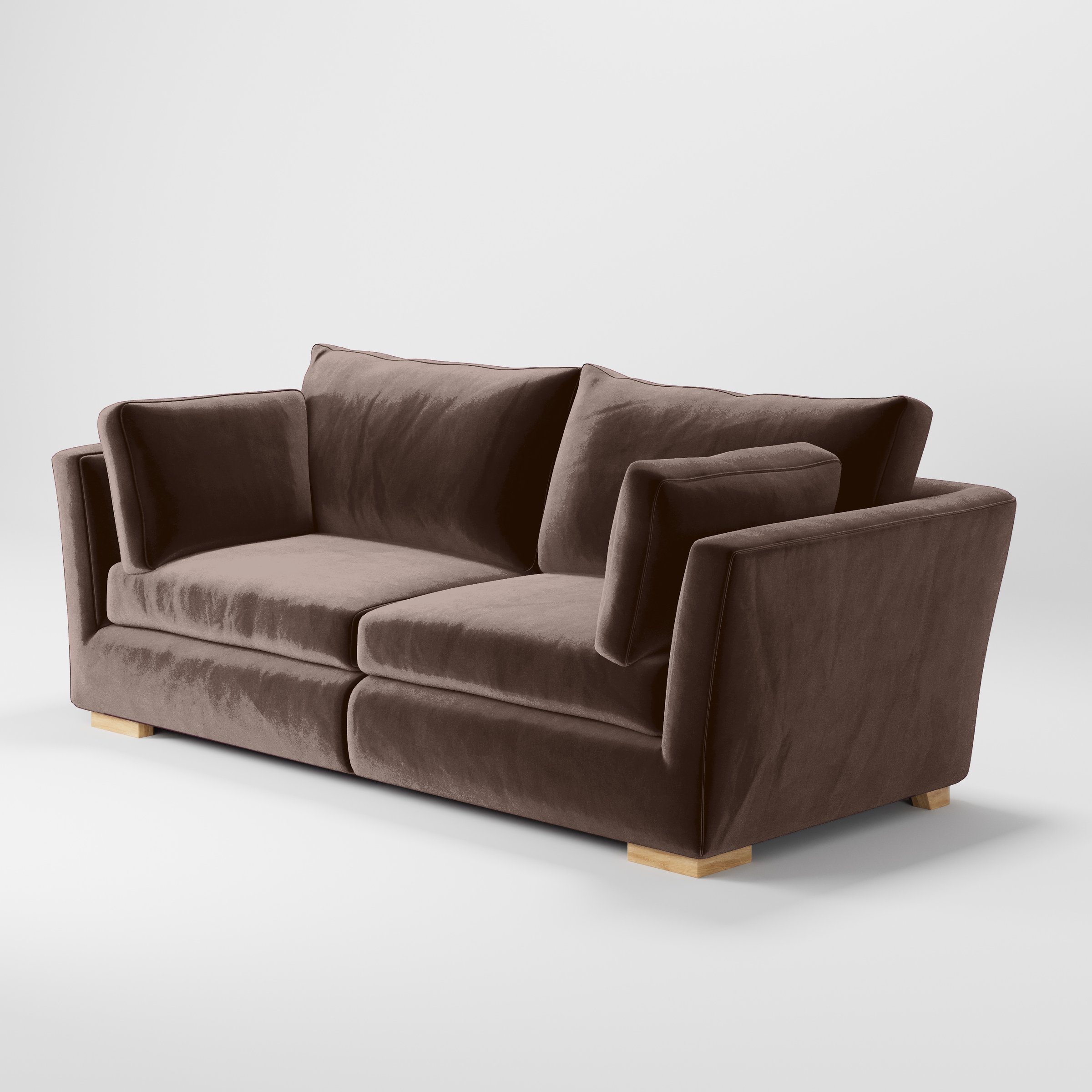 Diagonal view of the Stowe sofa upholstered in Plush EasyClean Velvet in Mole.