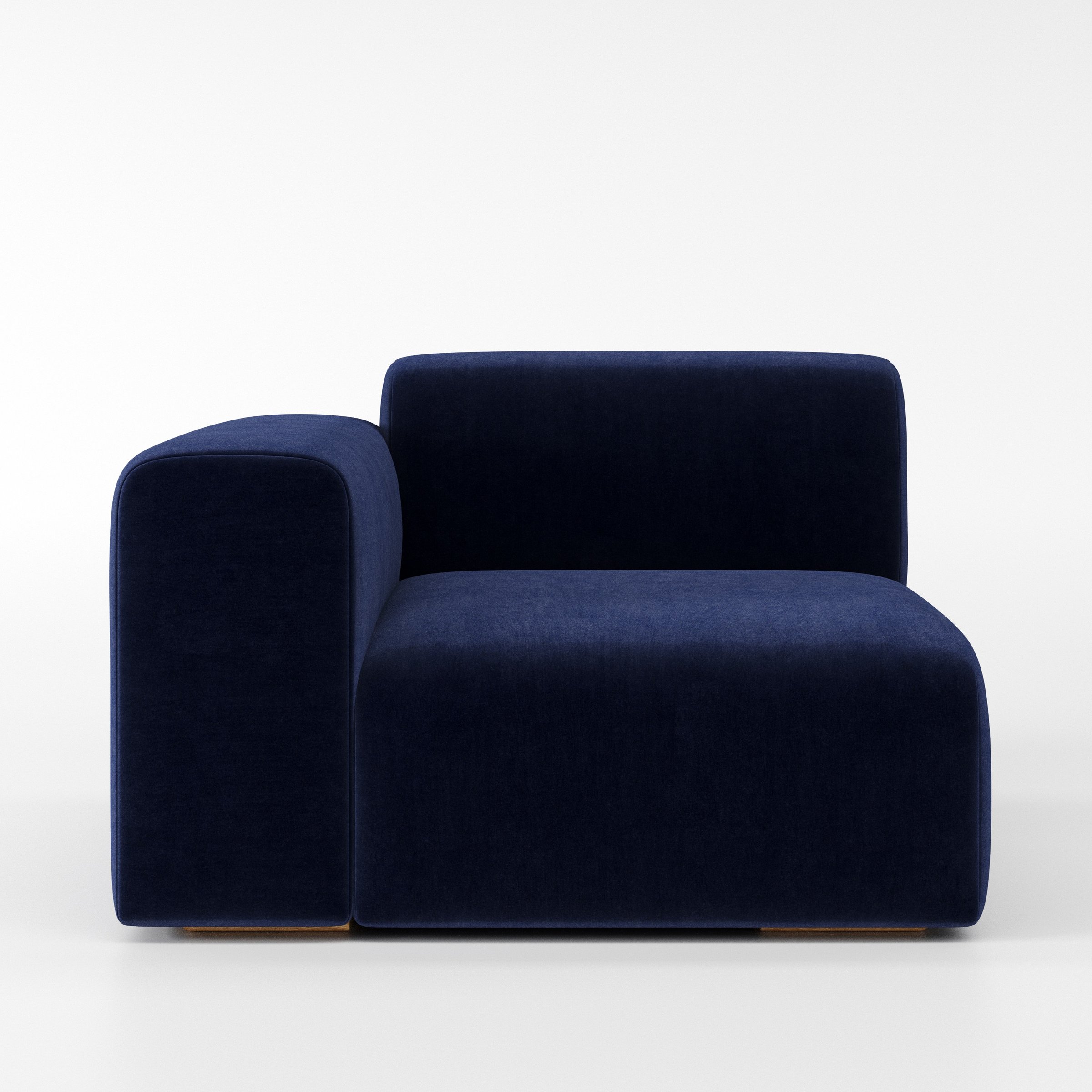 Drumquin modular sofa left side unit in Noss Velvet Navy shown from the front with a low, deep seat and a rounded left armrest.