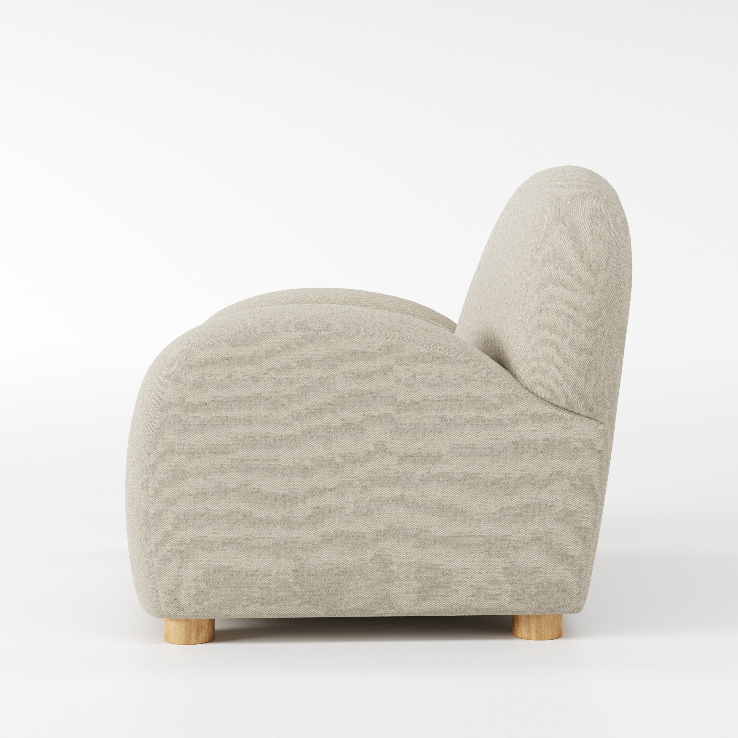 Awe armchair in Alderney Linen Oatmeal shown in side profile displaying proportions and overall silhouette.