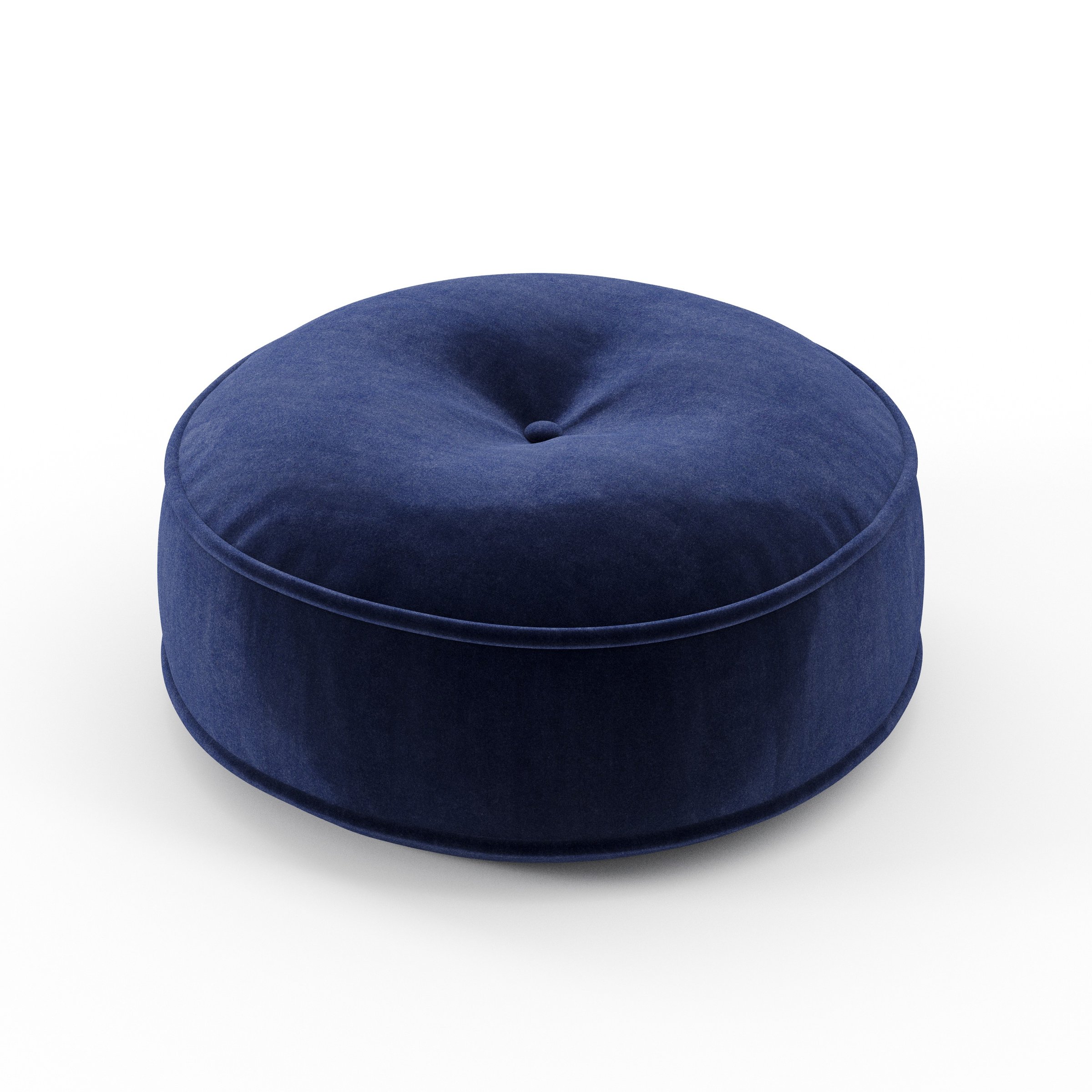 Cove cushion in Noss Velvet Navy, round tufted cushion with border and piping in rich navy velvet with soft central tuft, size 40cm x 8.75cm