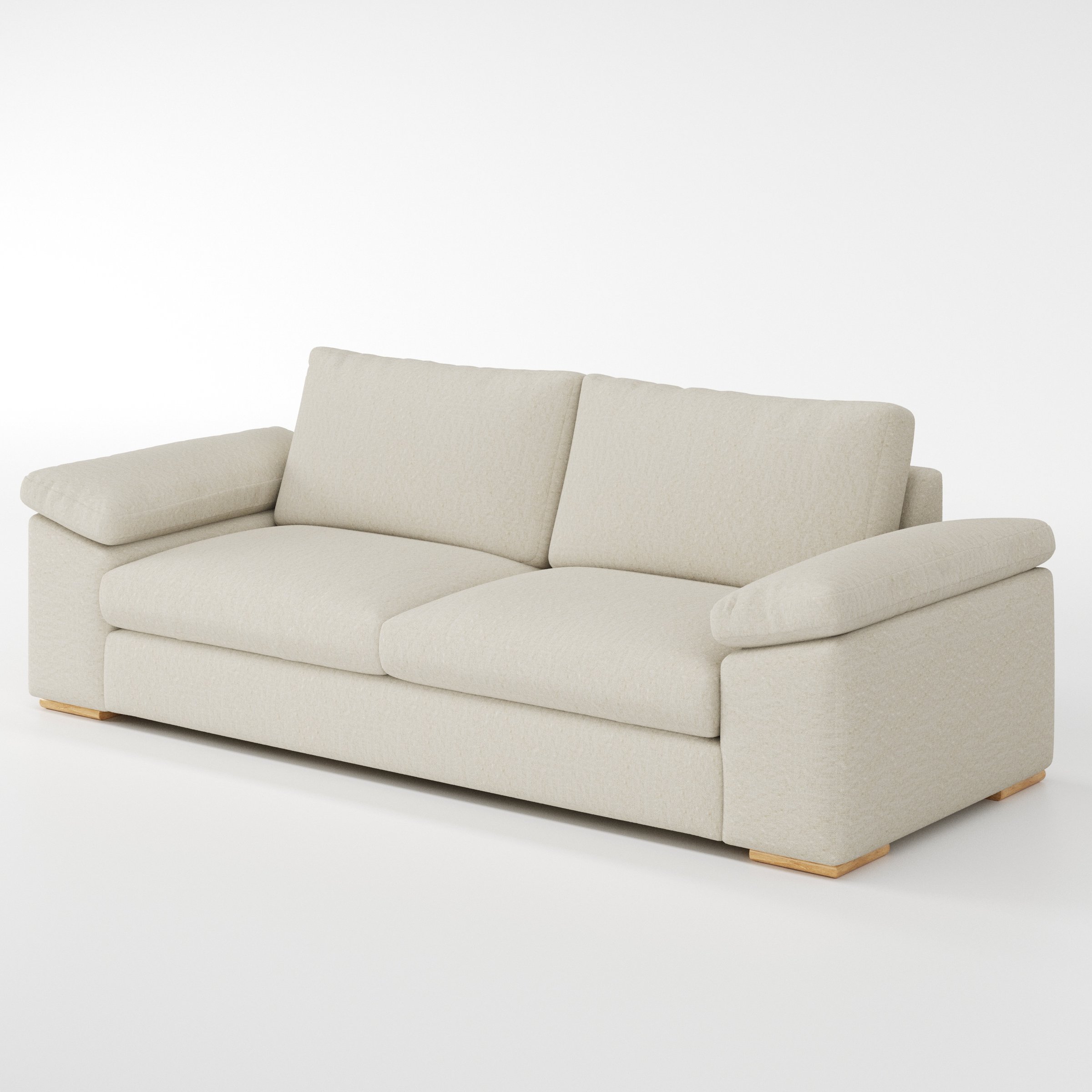 Moy sofa in Alderney Linen Oatmeal shown at a diagonal angle highlighting arm profile and seat depth.