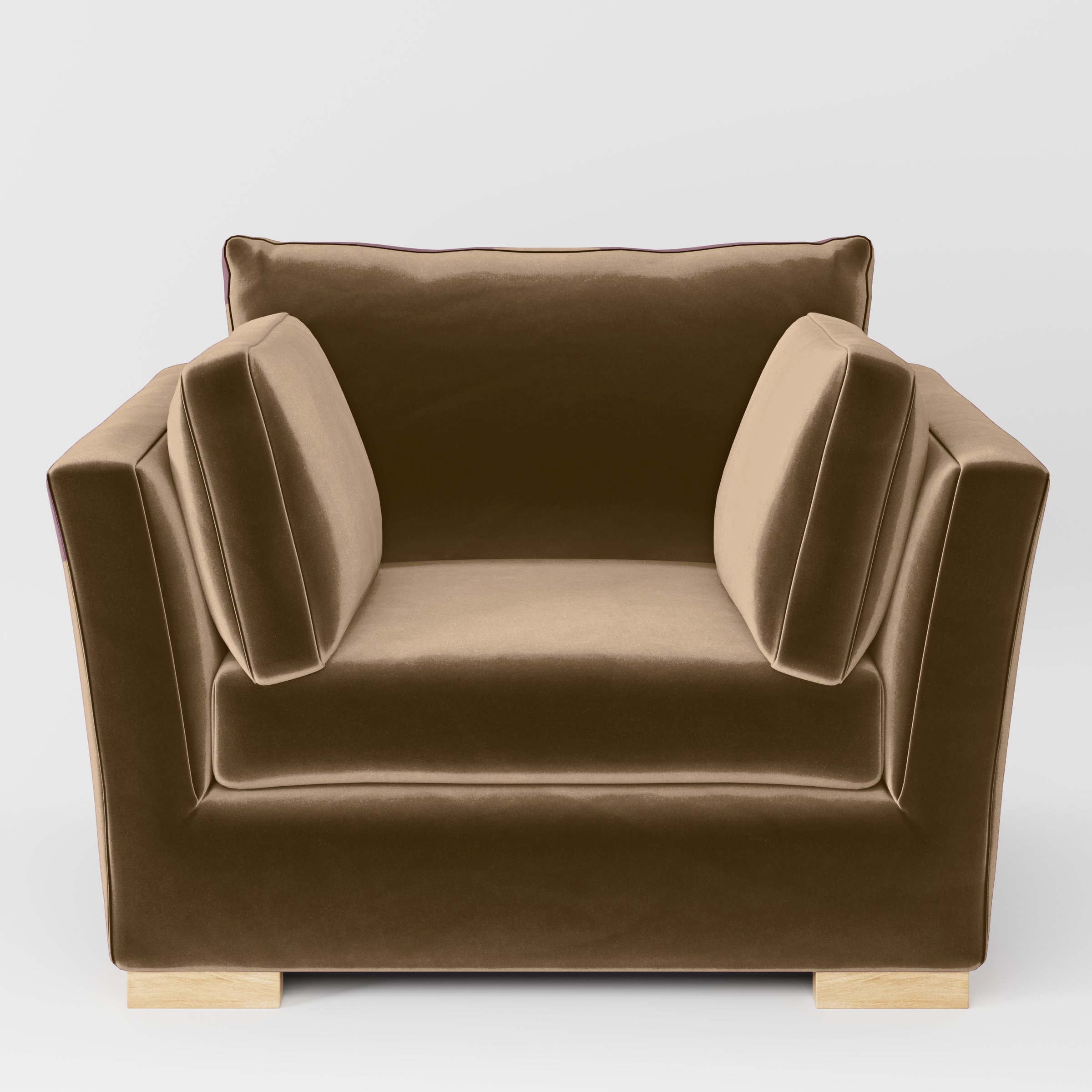 Front view of the Stowe armchair upholstered in Plush EasyClean Velvet in Caribou.