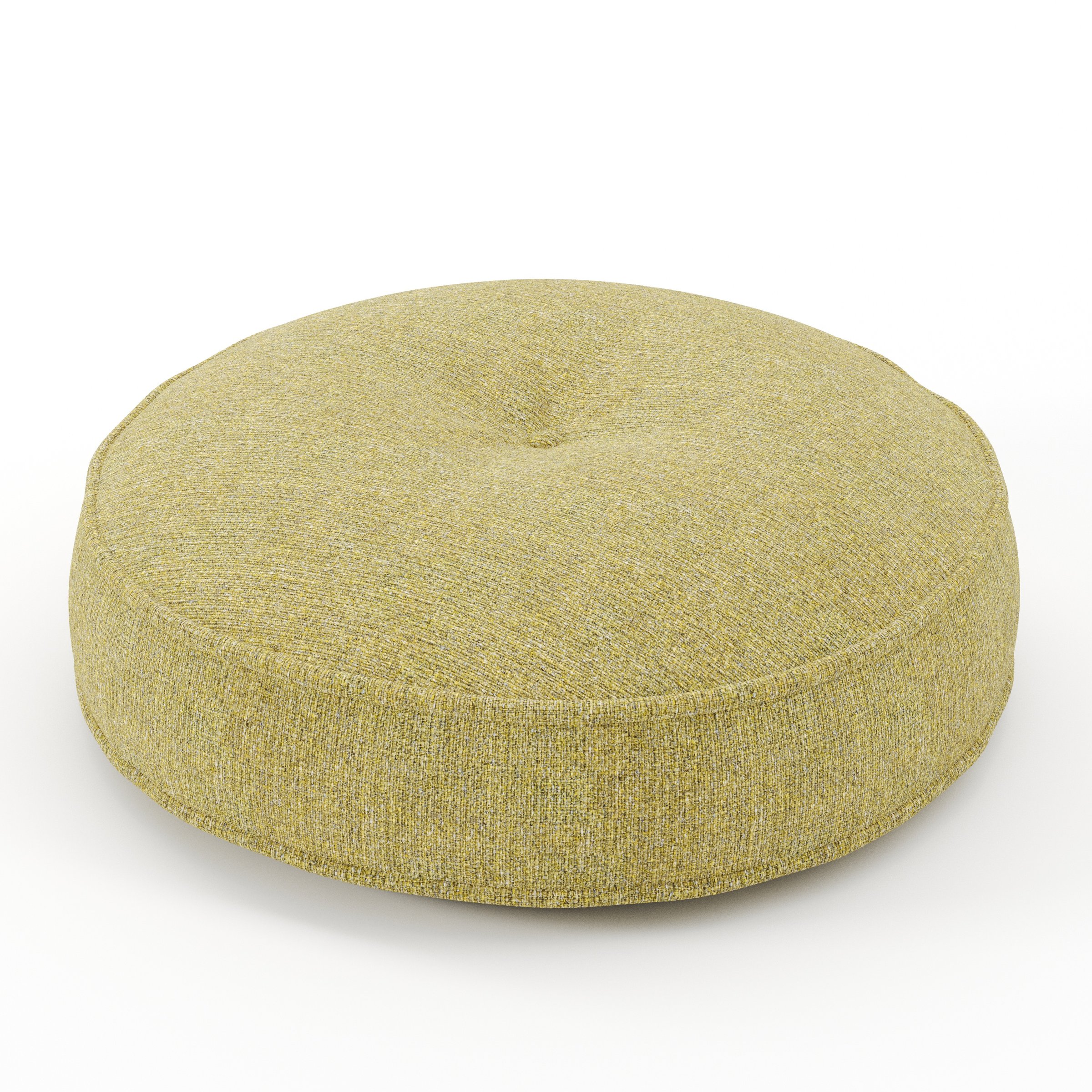 Cove cushion in Heyling Tweed Sencha, round tufted cushion with border and piping in green-toned tweed fabric with central tuft, size 50cm x 8.75cm