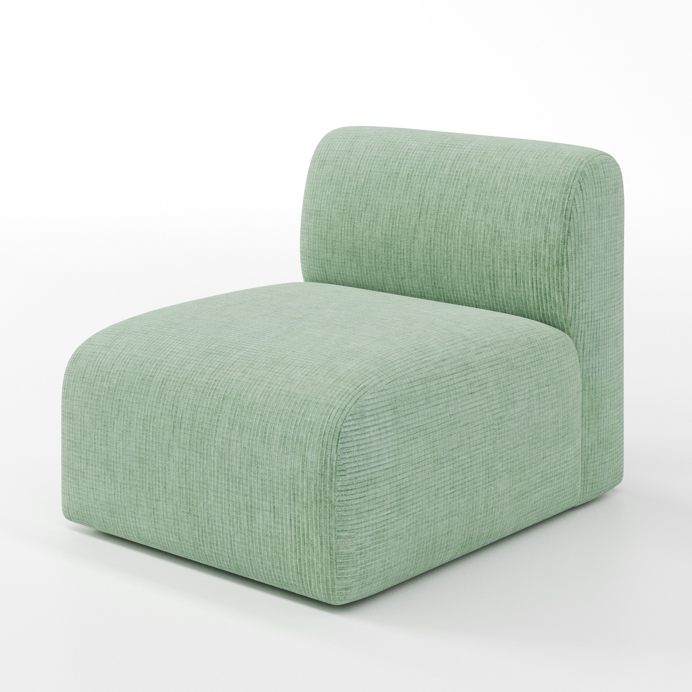 Drumquin modular sofa single unit in Caldey Velvet Corduroy Eucalyptus shown at a diagonal angle highlighting its curved form and generous proportions.