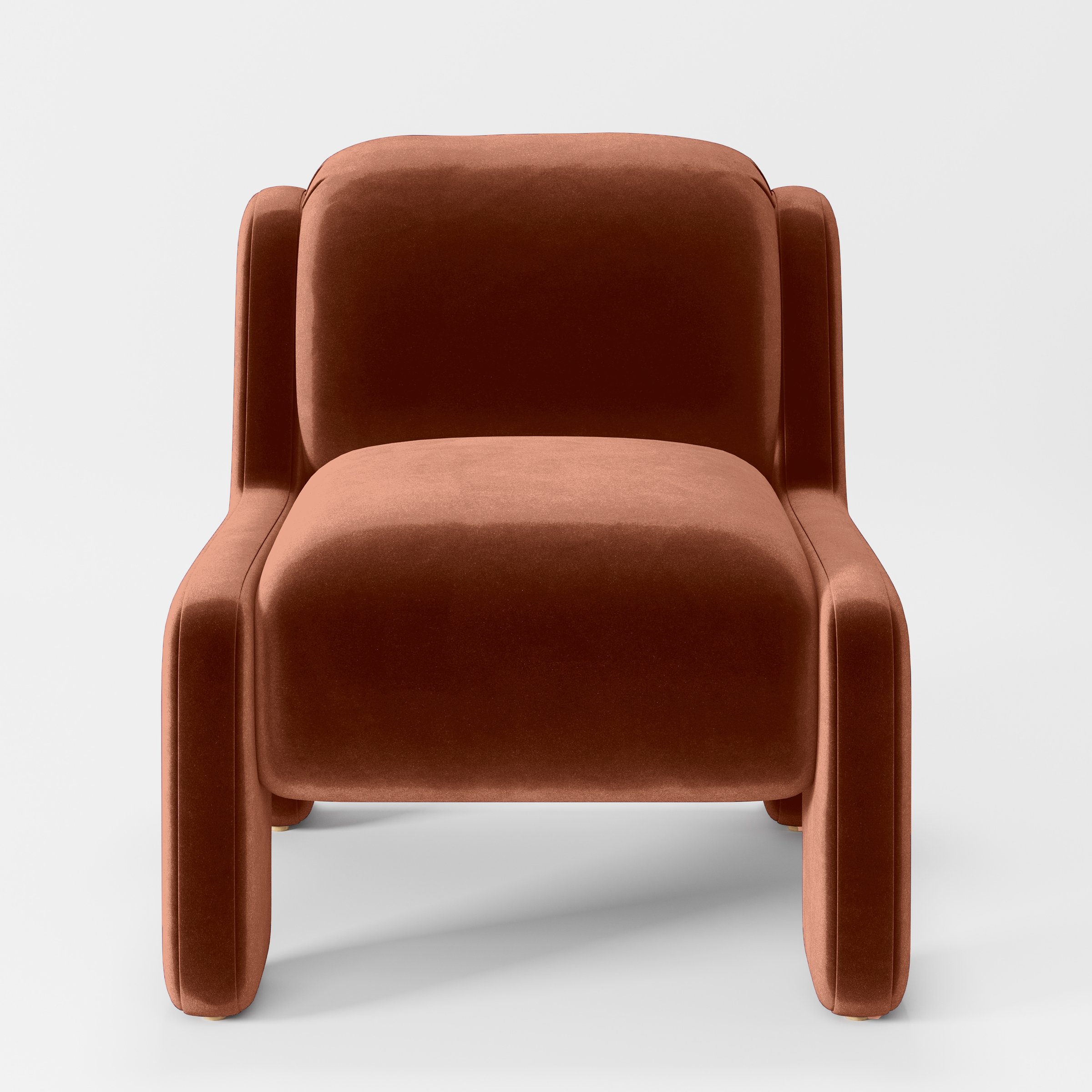 Front view of the Inny armchair upholstered in Plush EasyClean Velvet in Apricot.