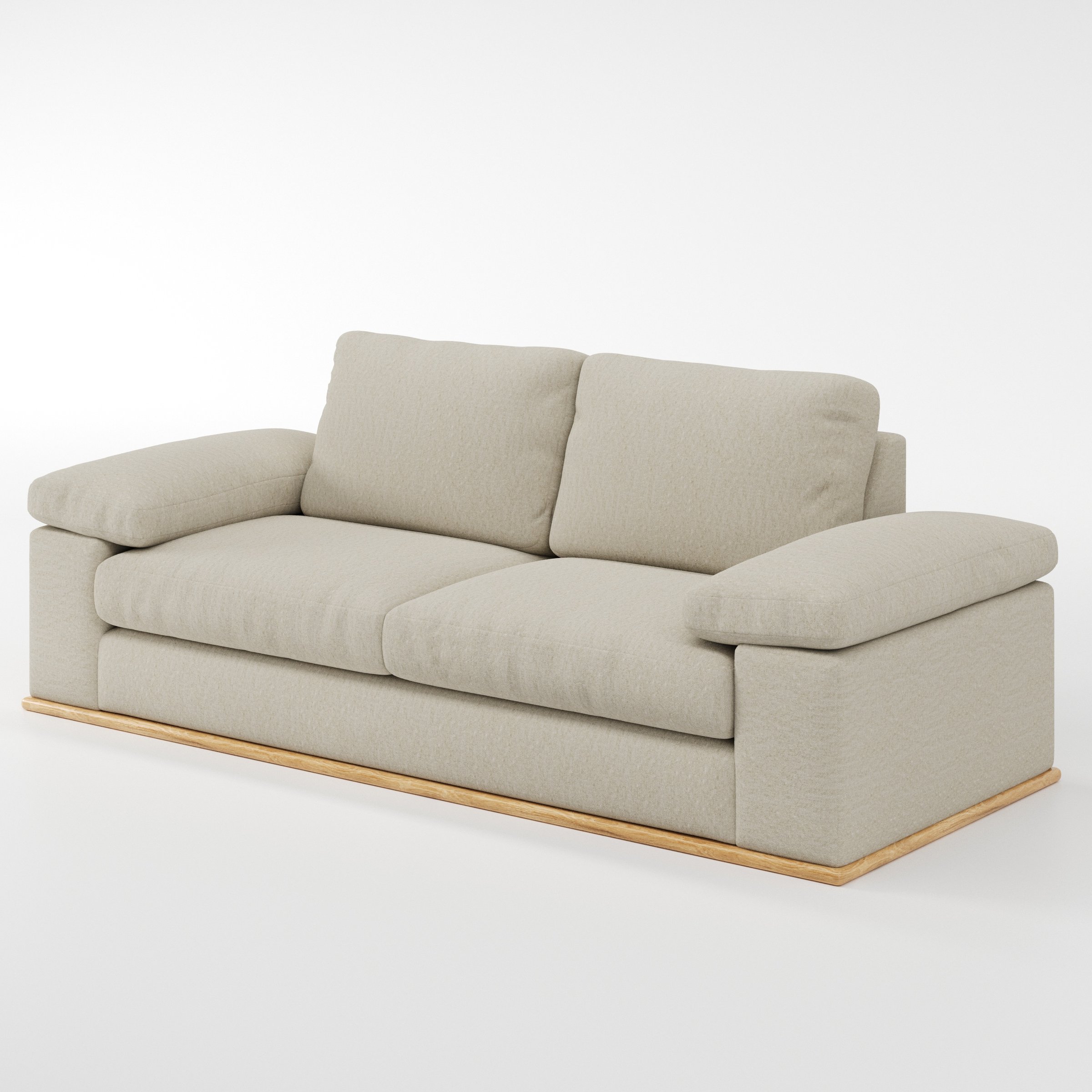 Cusher sofa in Alderney Linen Oatmeal shown at a diagonal angle highlighting arm profile and seat depth.