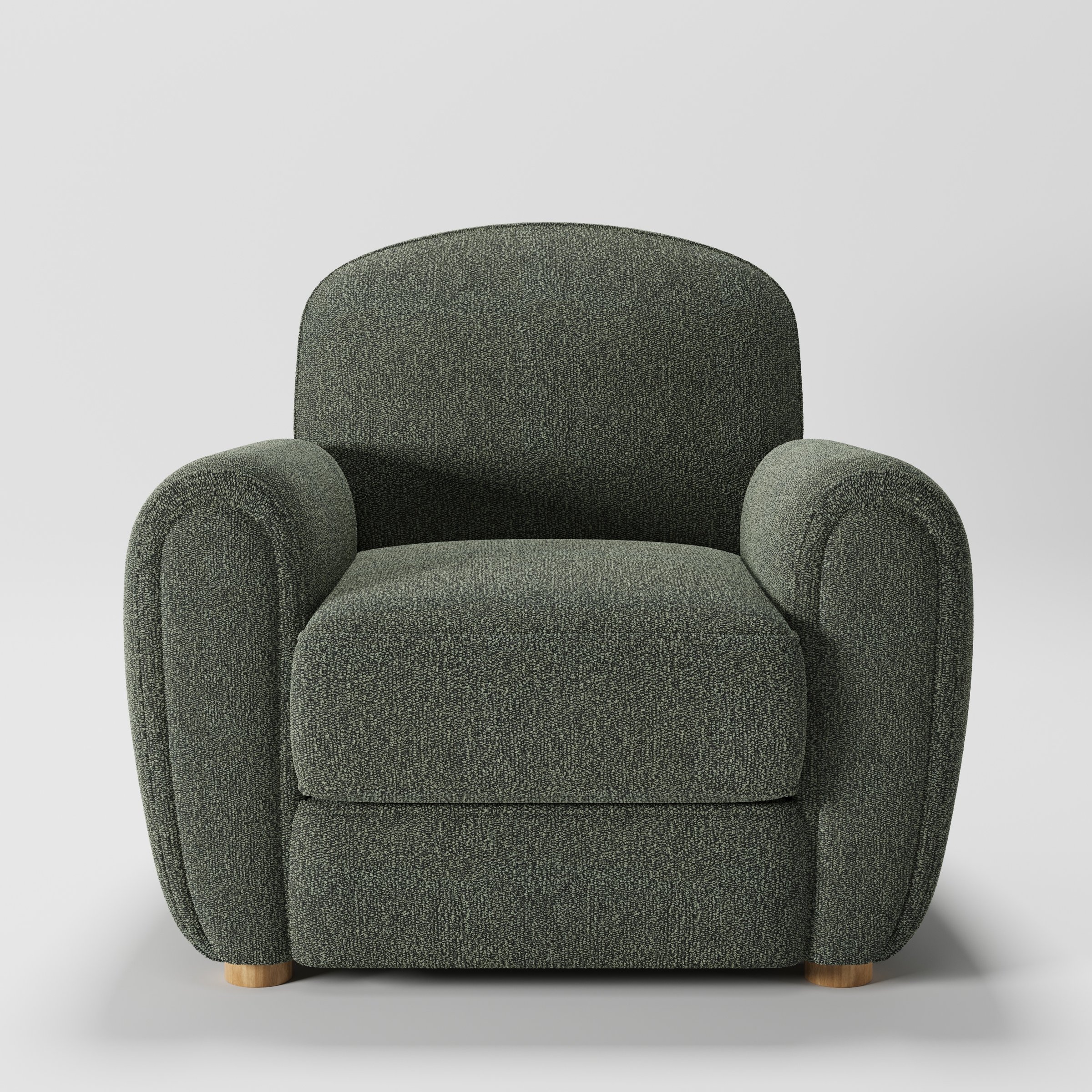 Fergus armchair in Kilda Boucle Moss shown front-on against a neutral studio backdrop.