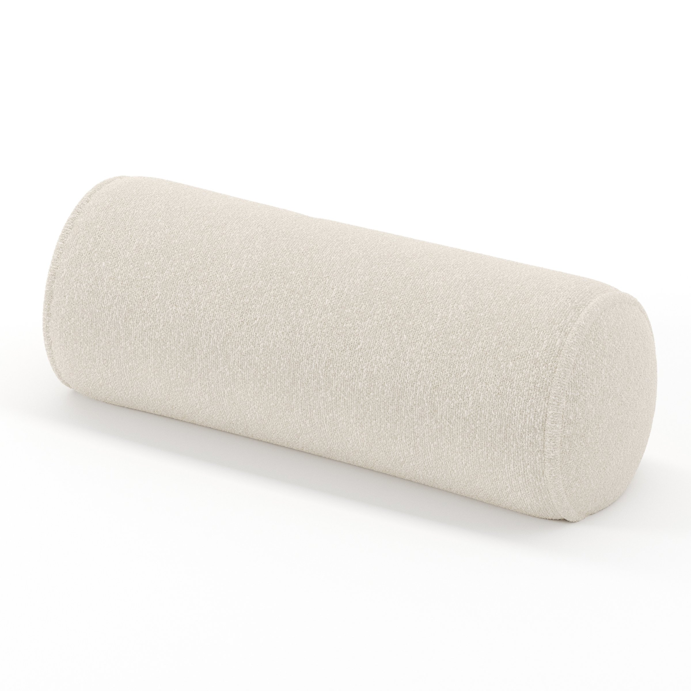 Ledger cushion in Kilda Boucle Cream, cylindrical bolster cushion in soft cream boucle, size 20cm x 56cm