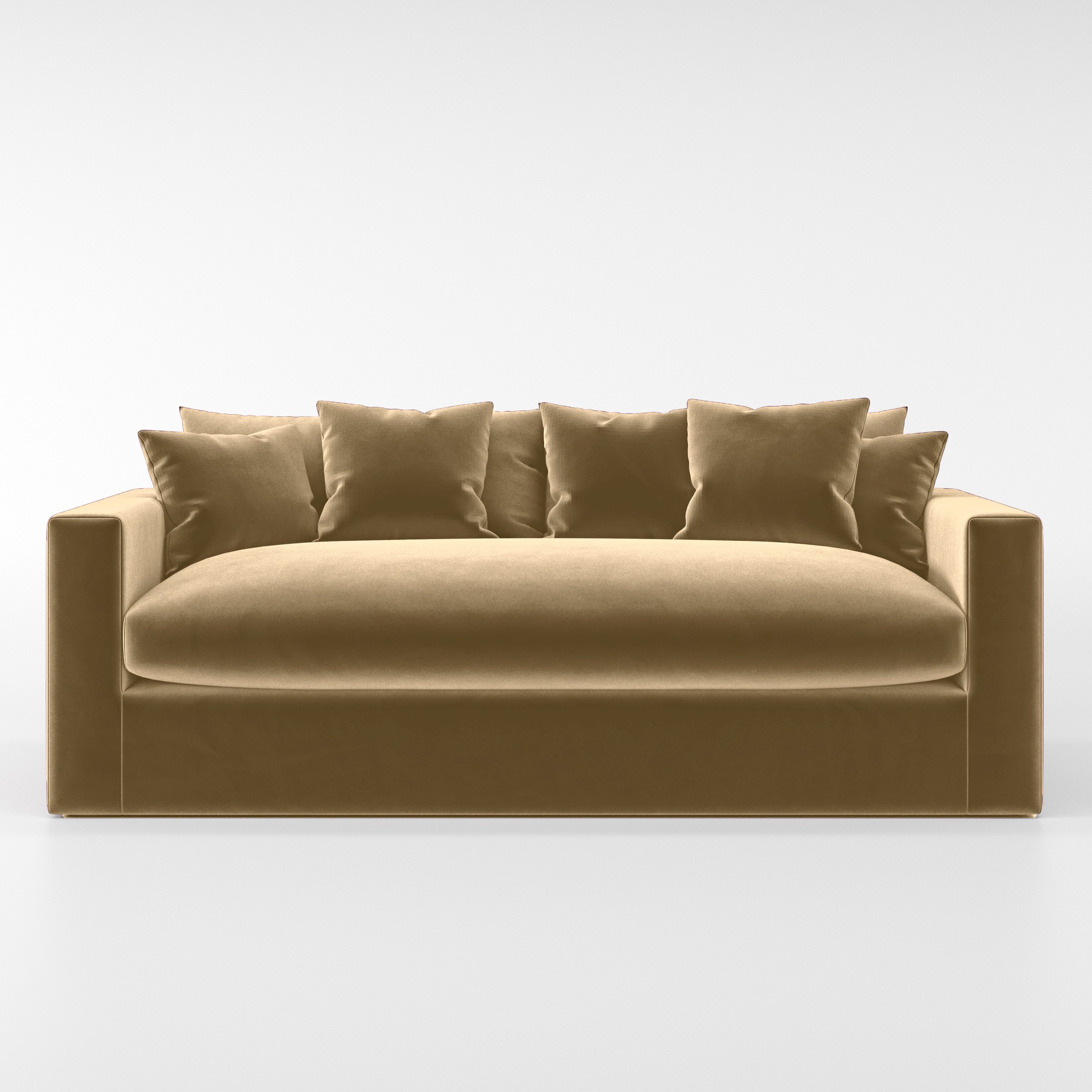 Front view of the Coniston sofa upholstered in Plush EasyClean Velvet in Cafe.