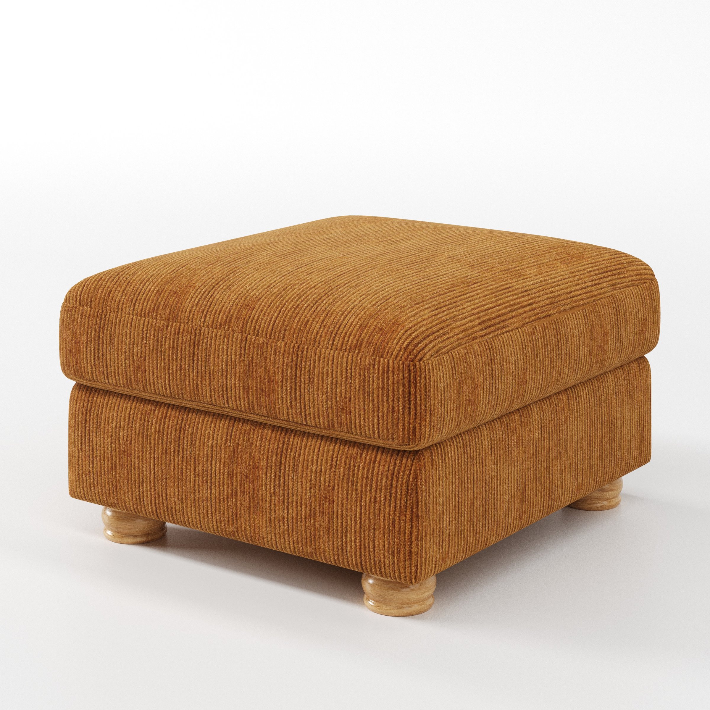 Anna Lee footstool in Caldey Velvet Corduroy Tobacco shown at a diagonal angle highlighting soft cushioning and turned wooden feet.