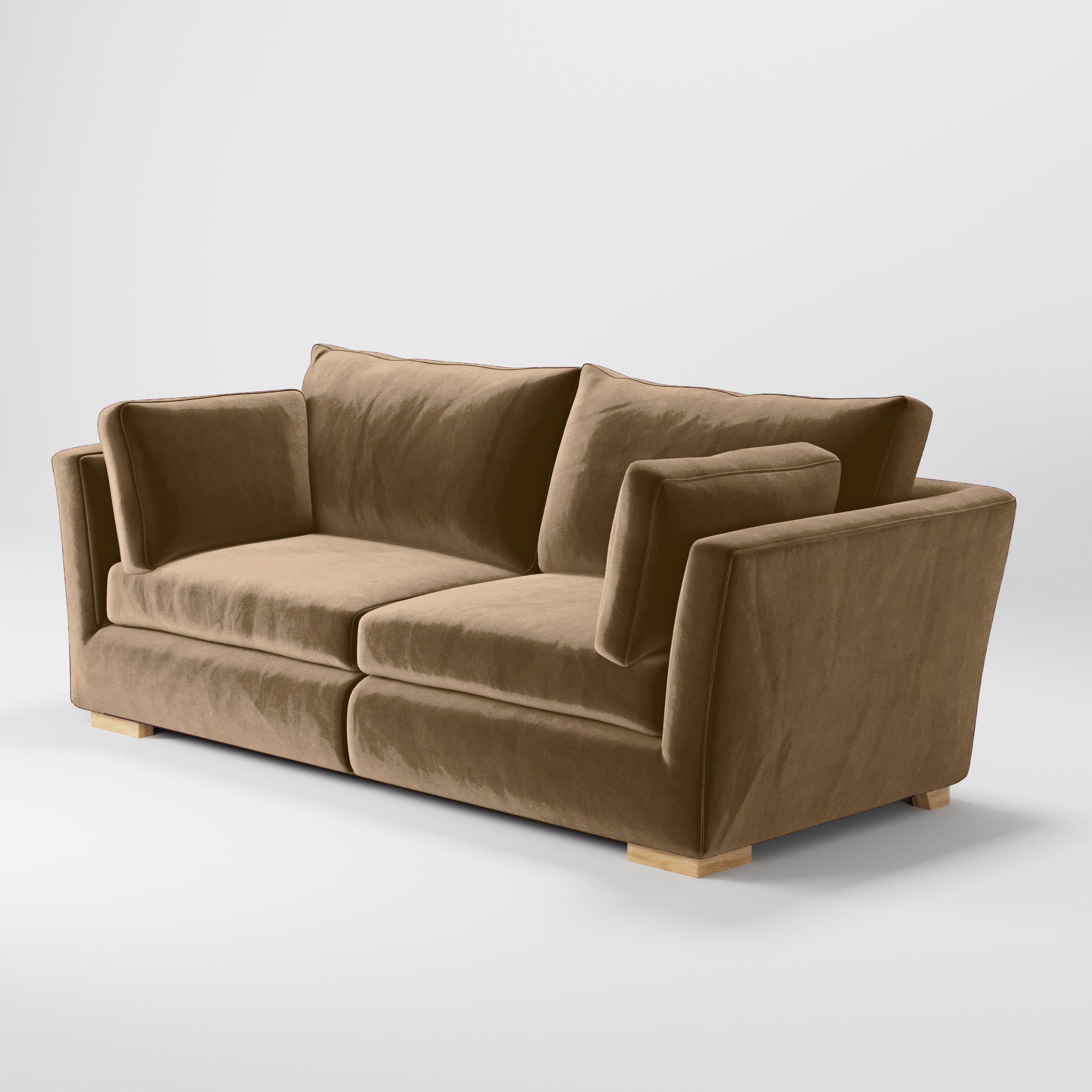 Diagonal view of the Stowe sofa upholstered in Plush EasyClean Velvet in Caribou.