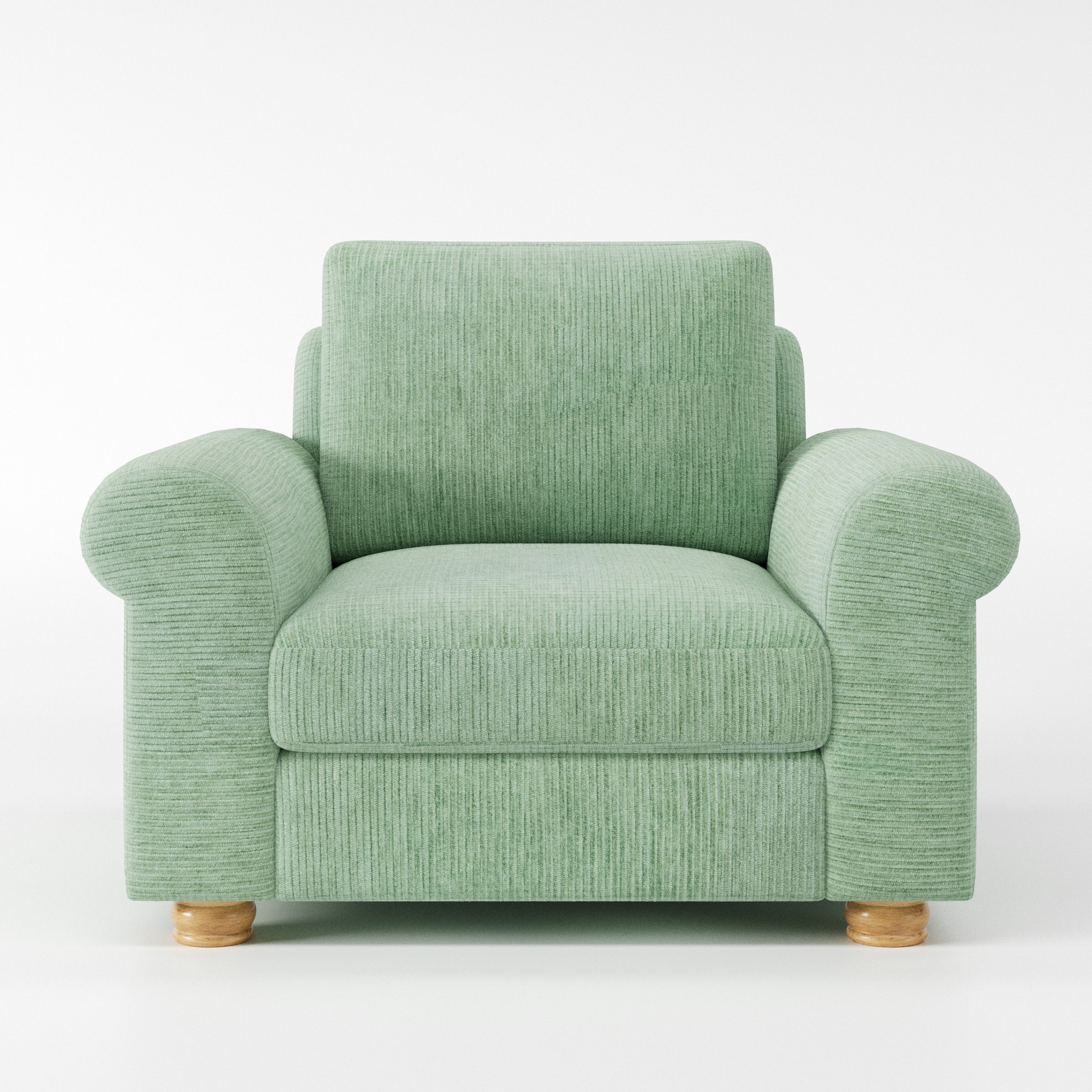Anna Lee armchair in Caldey Velvet Corduroy Eucalyptus shown front-on against a neutral studio backdrop.