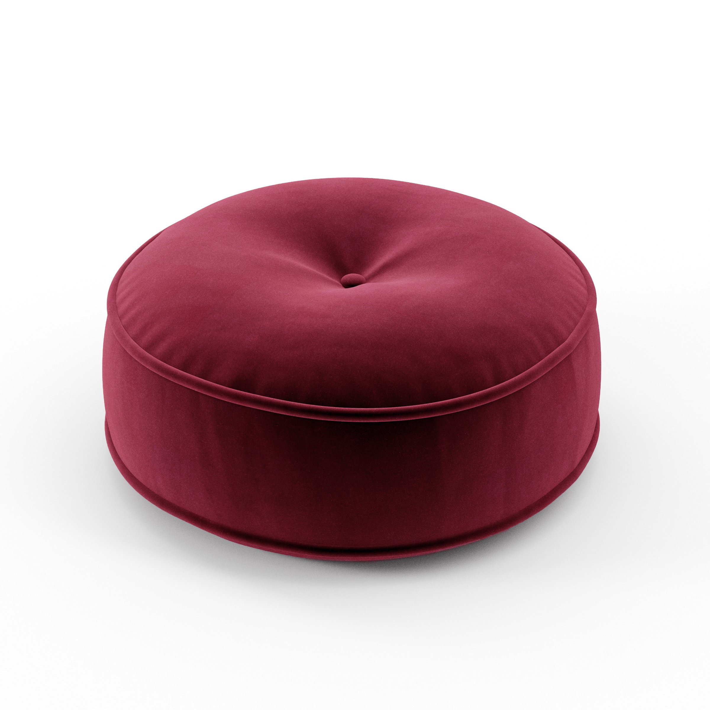 Cove cushion in Noss Velvet Plum, round tufted cushion with border and piping in deep plum velvet with soft central tuft, size 40cm x 8.75cm
