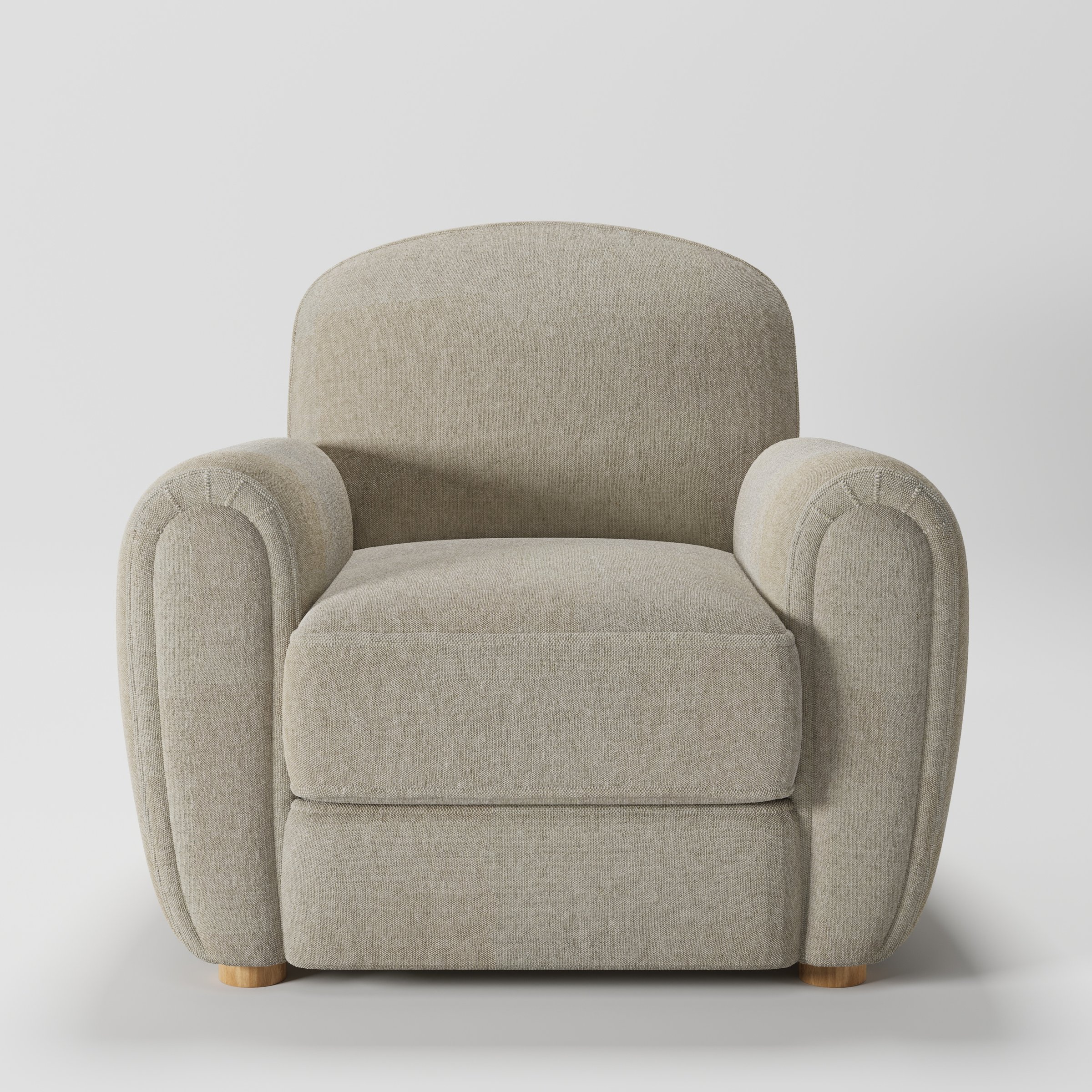 Fergus armchair in Alderney Linen Oatmeal shown front-on against a neutral studio backdrop.
