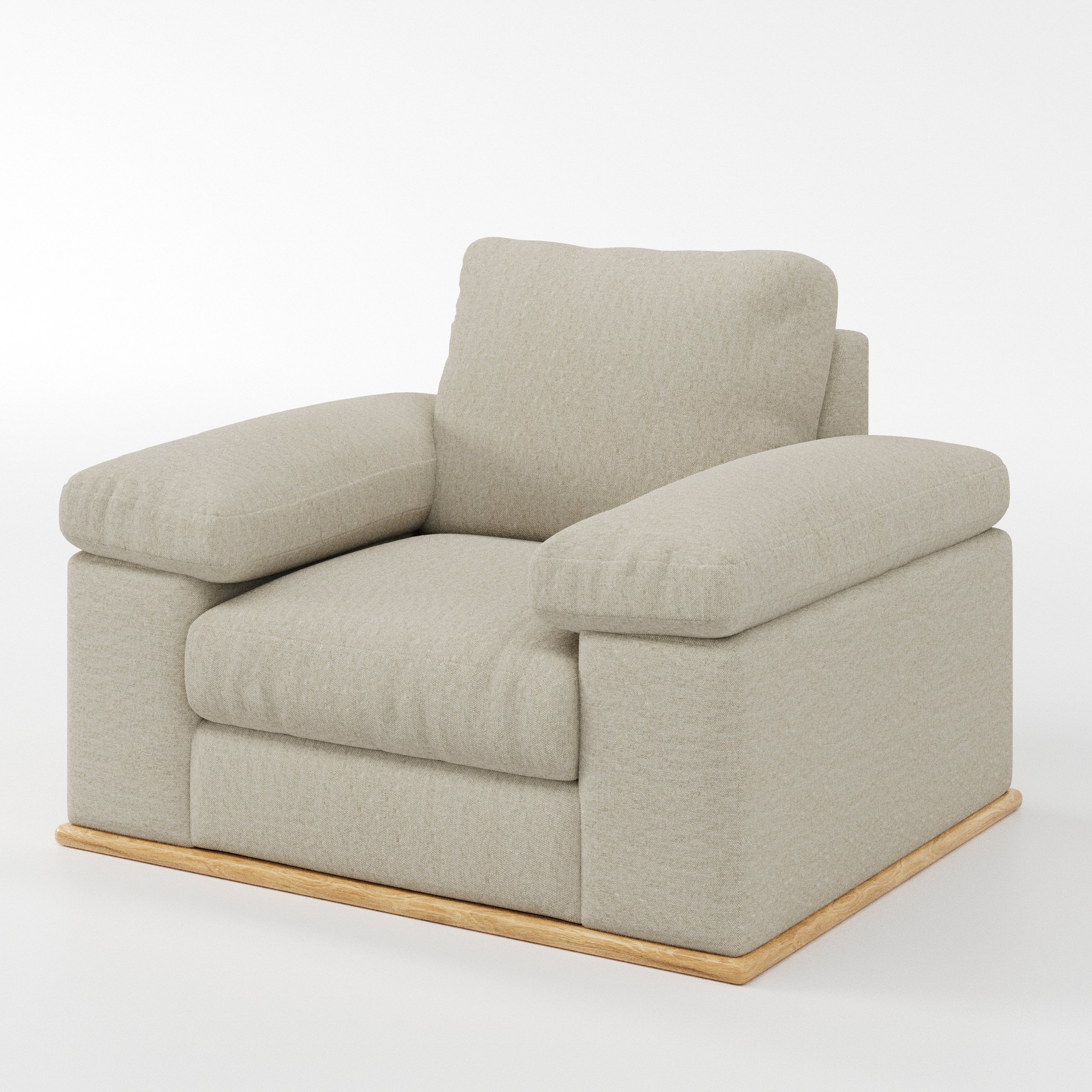 Cusher armchair in Alderney Linen Oatmeal shown at a diagonal angle highlighting arms and seat depth.