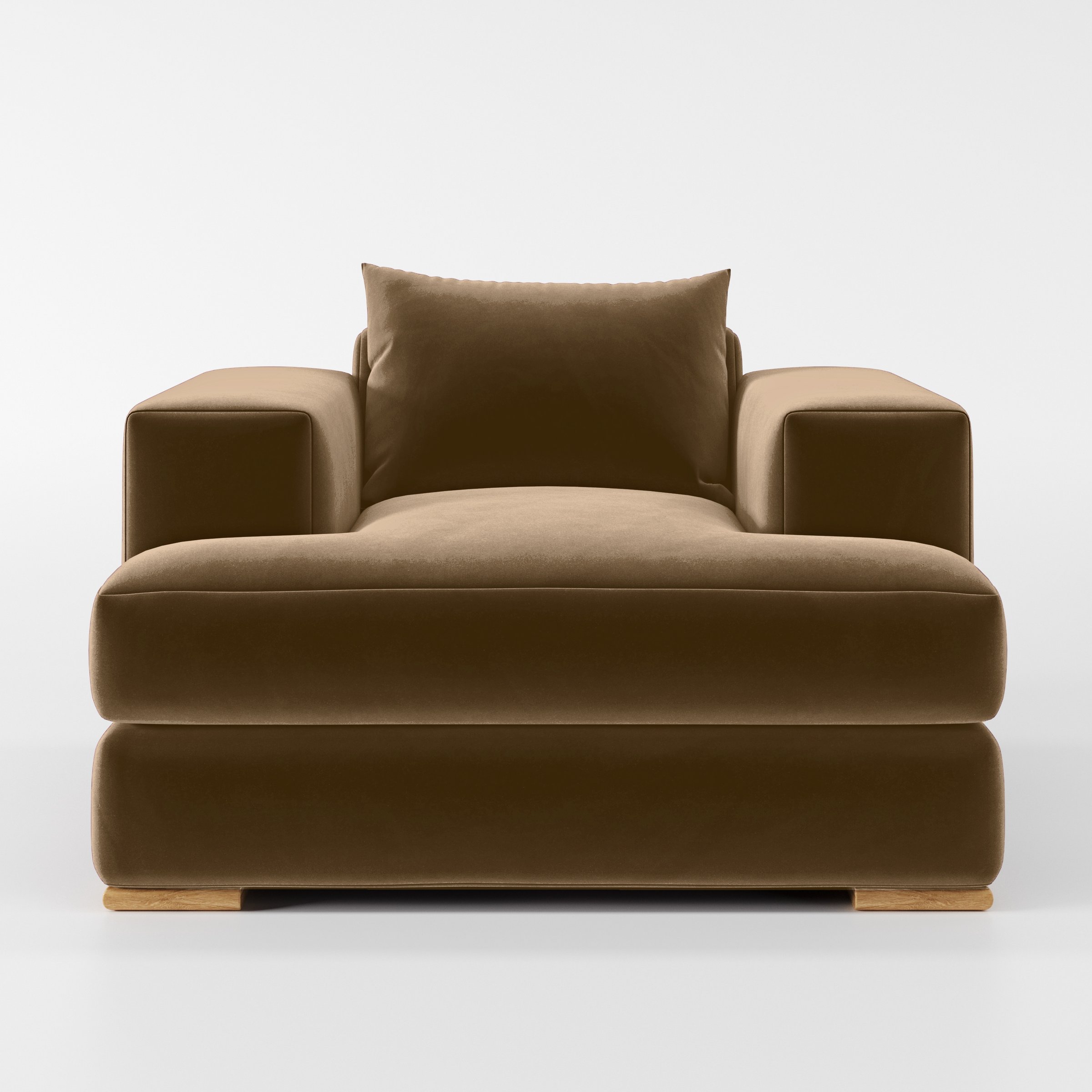 Front view of the Fane armchair upholstered in Plush EasyClean Velvet in Caribou.