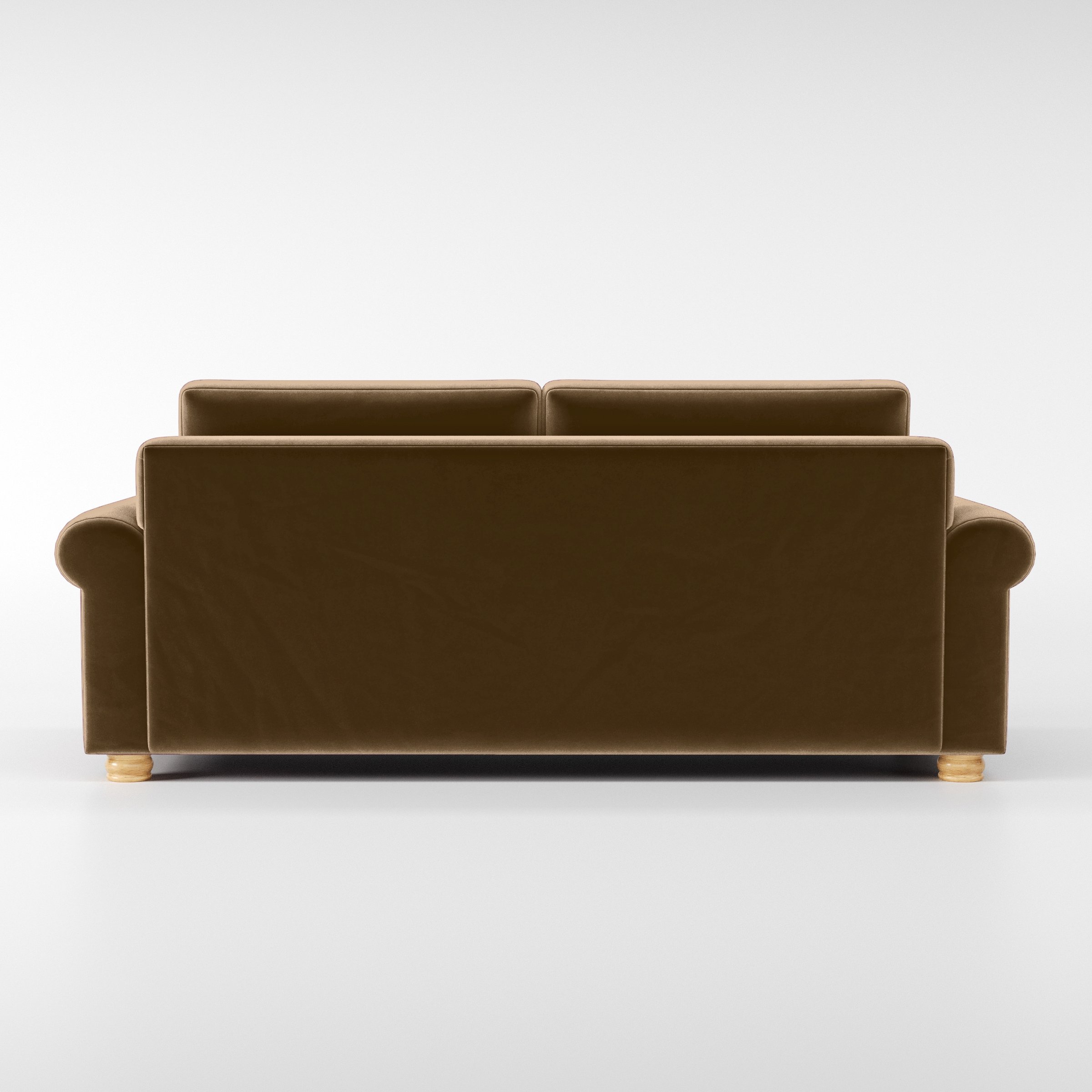 Rear view of the Anna Lee sofa upholstered in Plush EasyClean Velvet in Caribou.