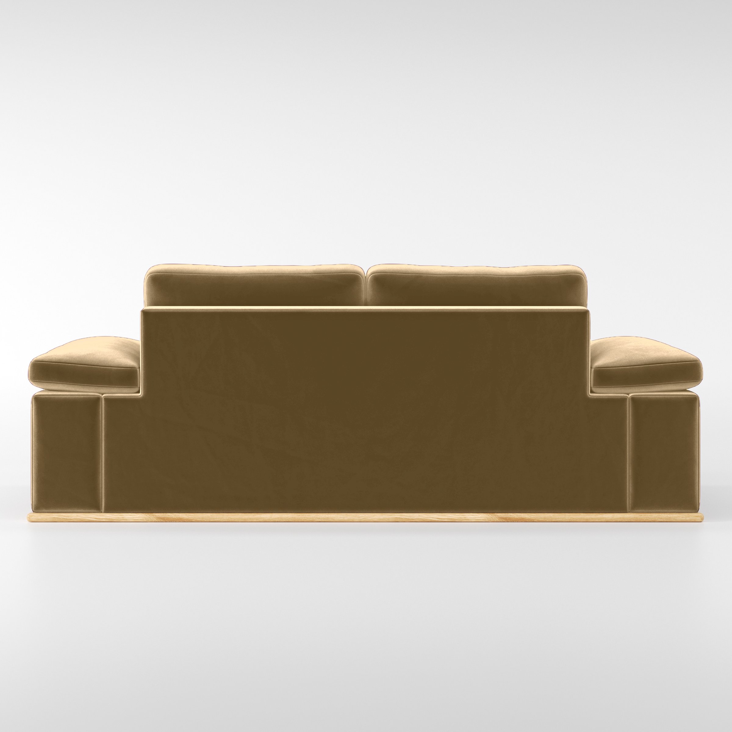 Rear view of the Cusher sofa upholstered in Plush EasyClean Velvet in Cafe.