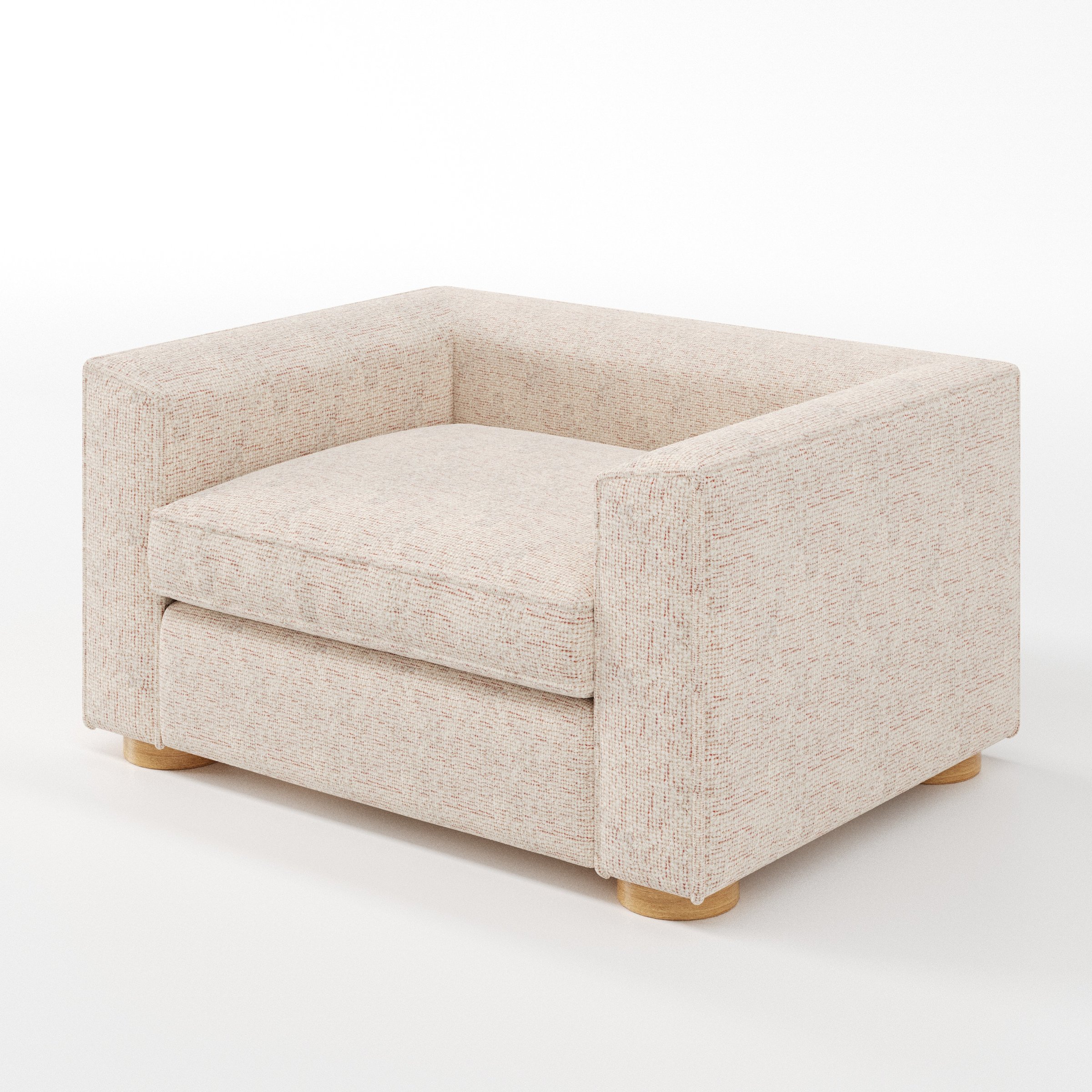 Feale armchair in Orsay Boucle Cream and Copper shown at a diagonal angle highlighting arms and seat depth.