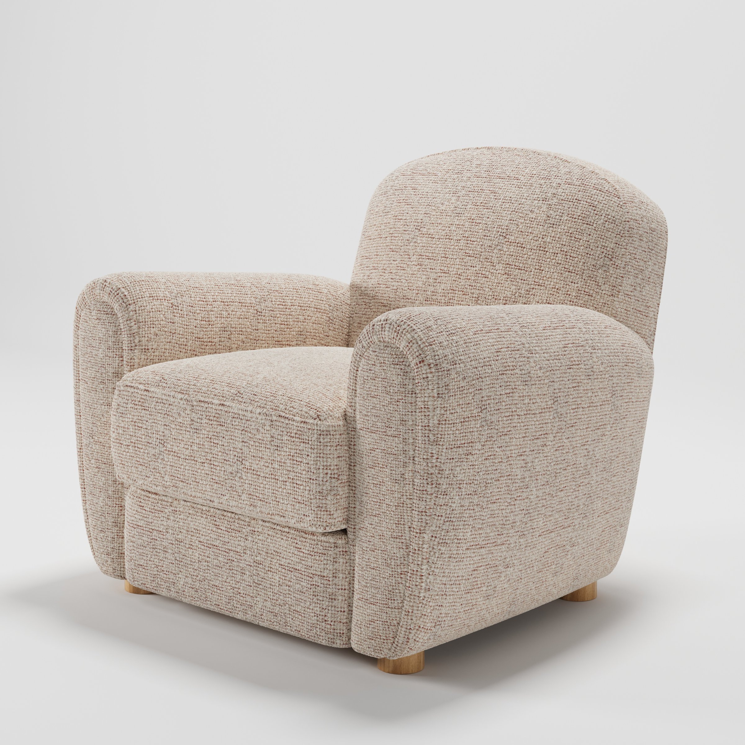 Fergus armchair in Orsay Boucle Cream and Copper shown at a diagonal angle highlighting rounded arms and seat depth.