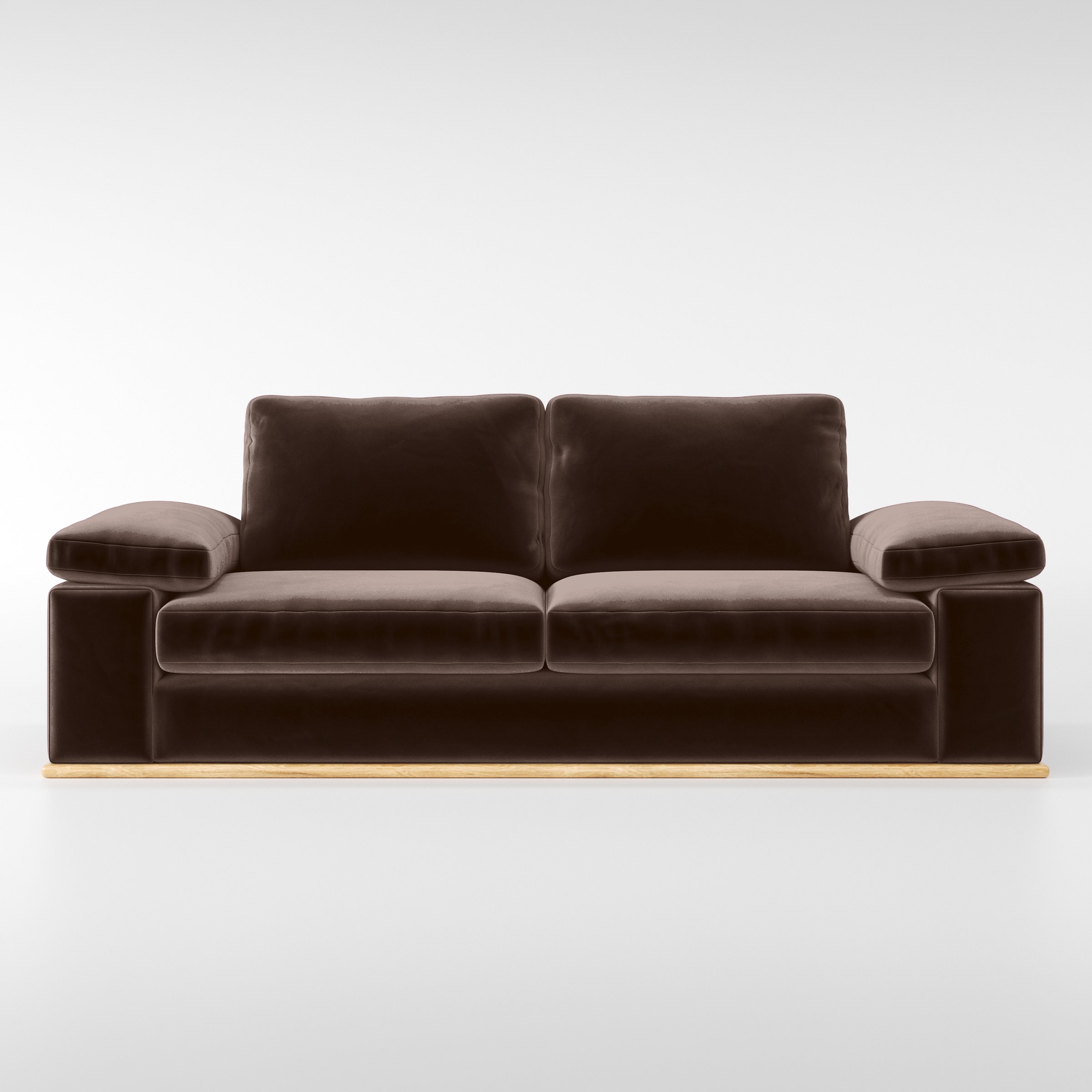 Front view of the Cusher sofa upholstered in Plush EasyClean Velvet in Mole.