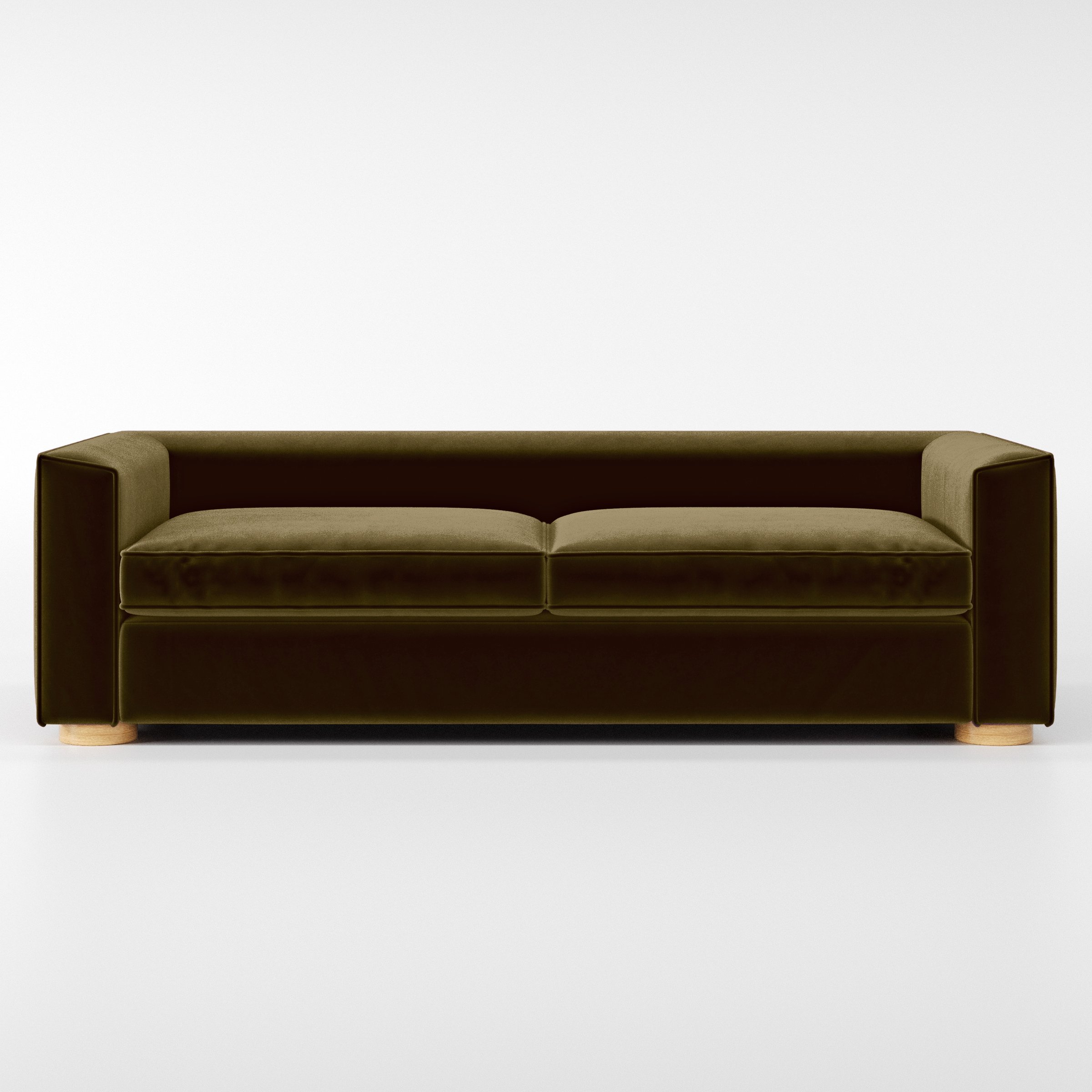 Front view of the Feale sofa upholstered in Plush EasyClean Velvet in Cedar.