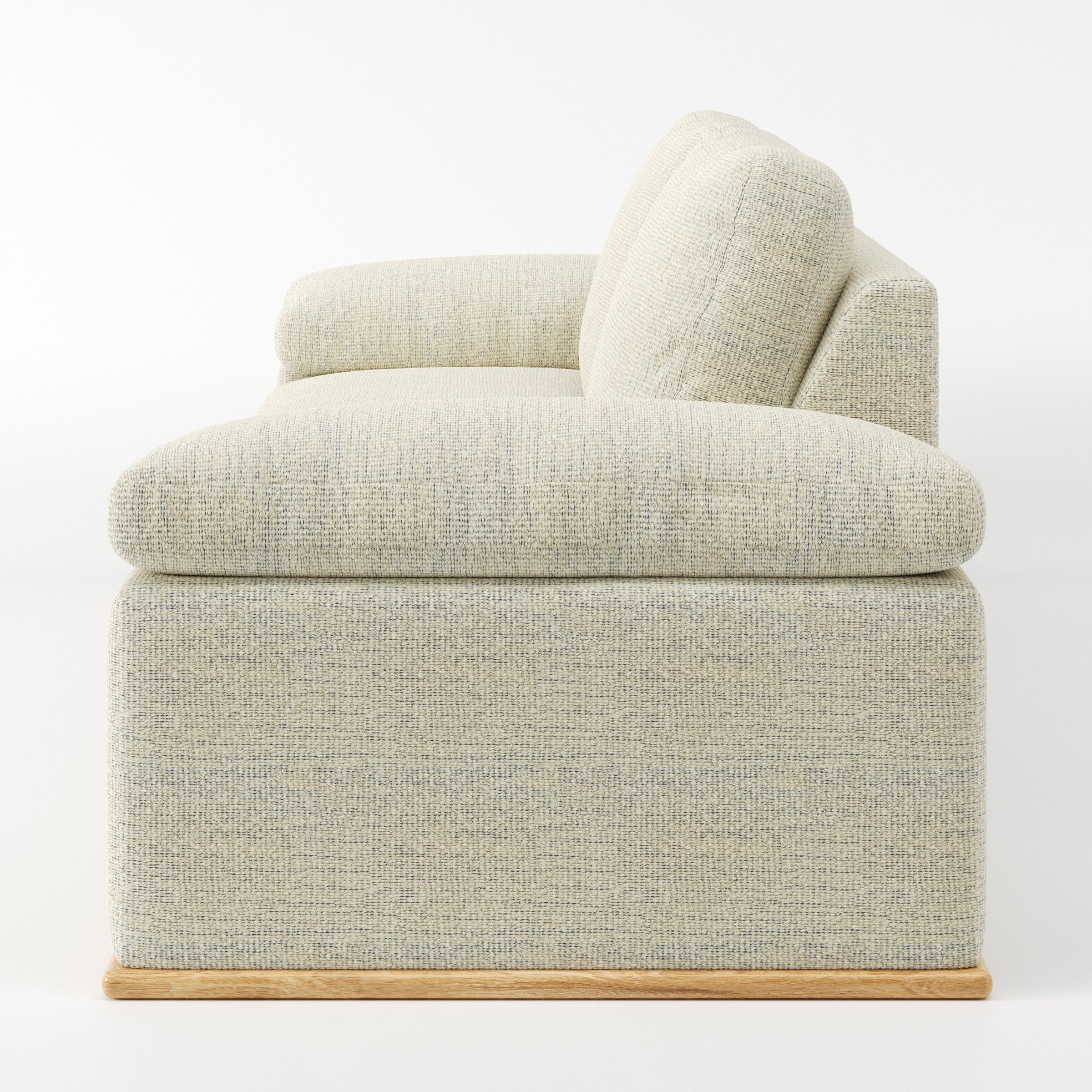 Cusher sofa in Orsay Boucle Cream and Marine shown in side profile displaying proportions and overall silhouette.