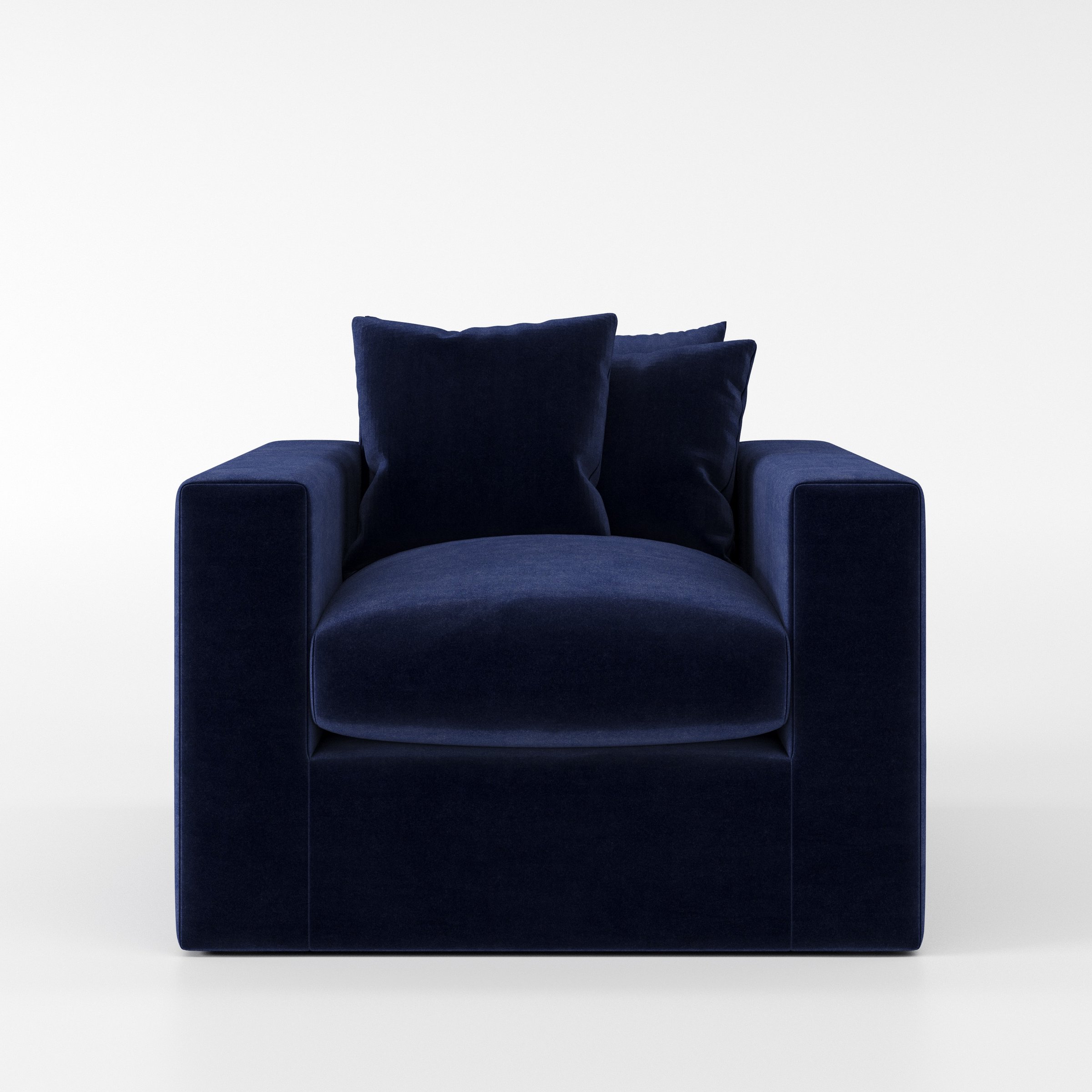 Coniston armchair in Noss Velvet Navy shown front-on against a neutral studio backdrop.