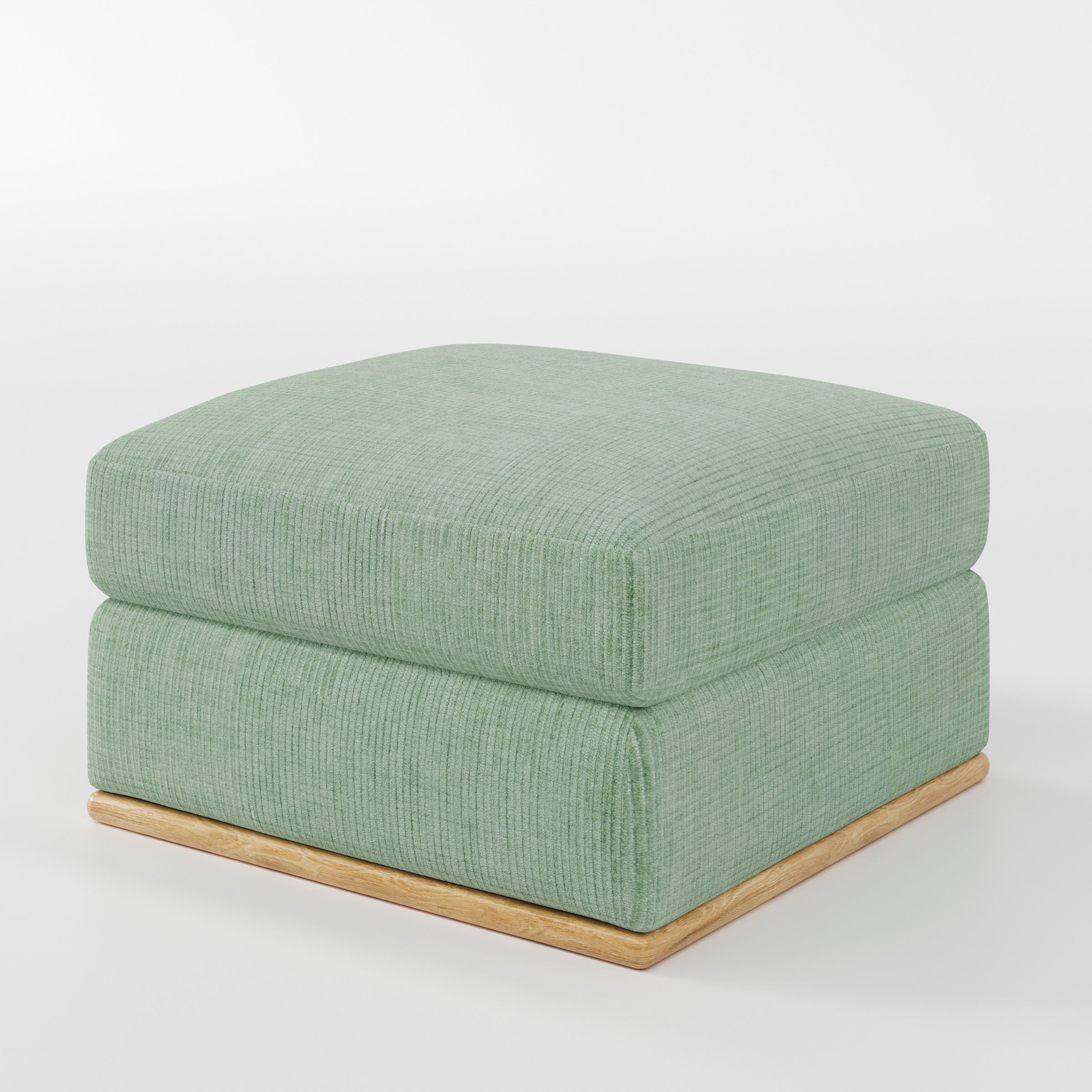 Cusher footstool in Caldey Velvet Corduroy Eucalyptus shown at a diagonal angle highlighting structured form and wooden plinth base.