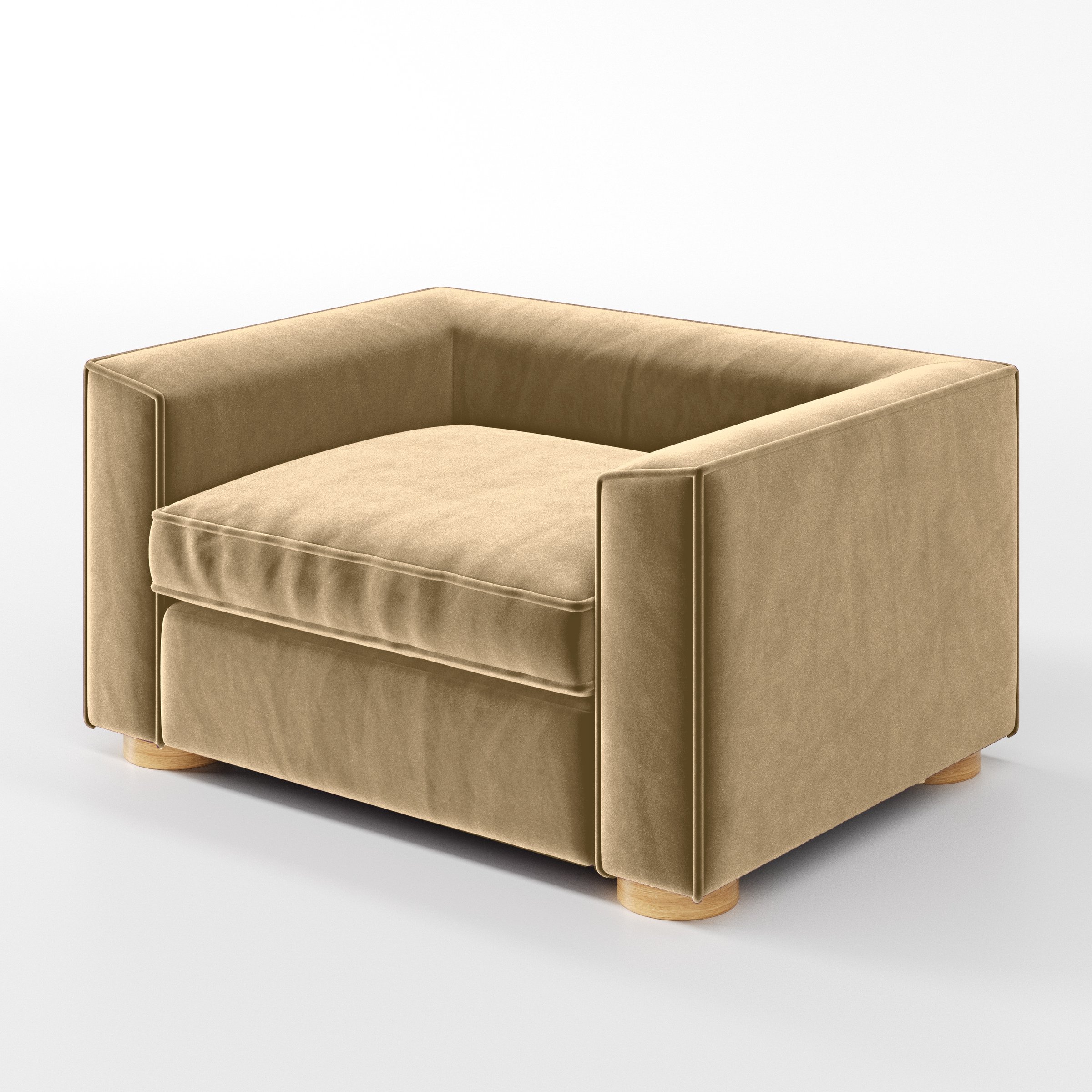 Diagonal view of the Feale armchair upholstered in Plush EasyClean Velvet in Cafe.
