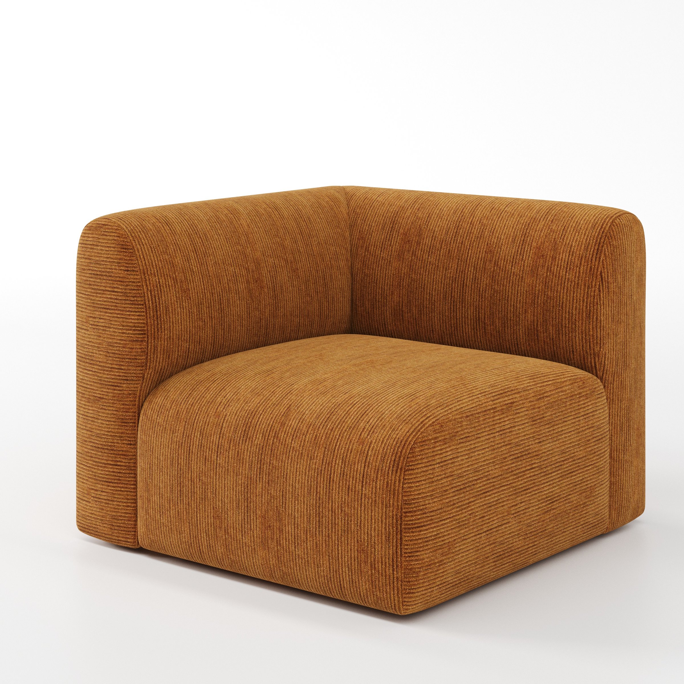 Drumquin modular sofa corner unit in Caldey Velvet Corduroy Tobacco shown at a diagonal angle highlighting the curved corner backrest and deep, enveloping seat.