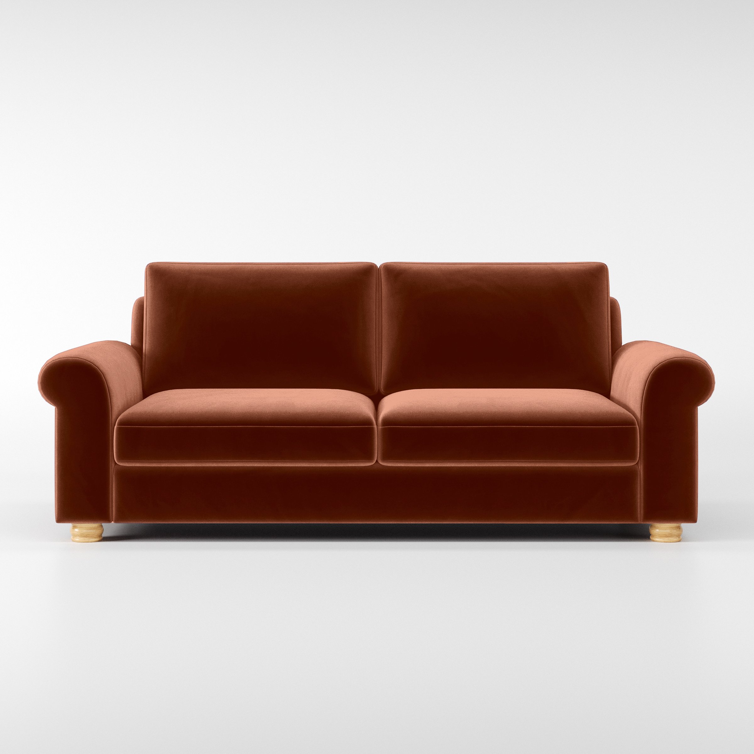Front view of the Anna Lee sofa upholstered in Plush EasyClean Velvet in Apricot.