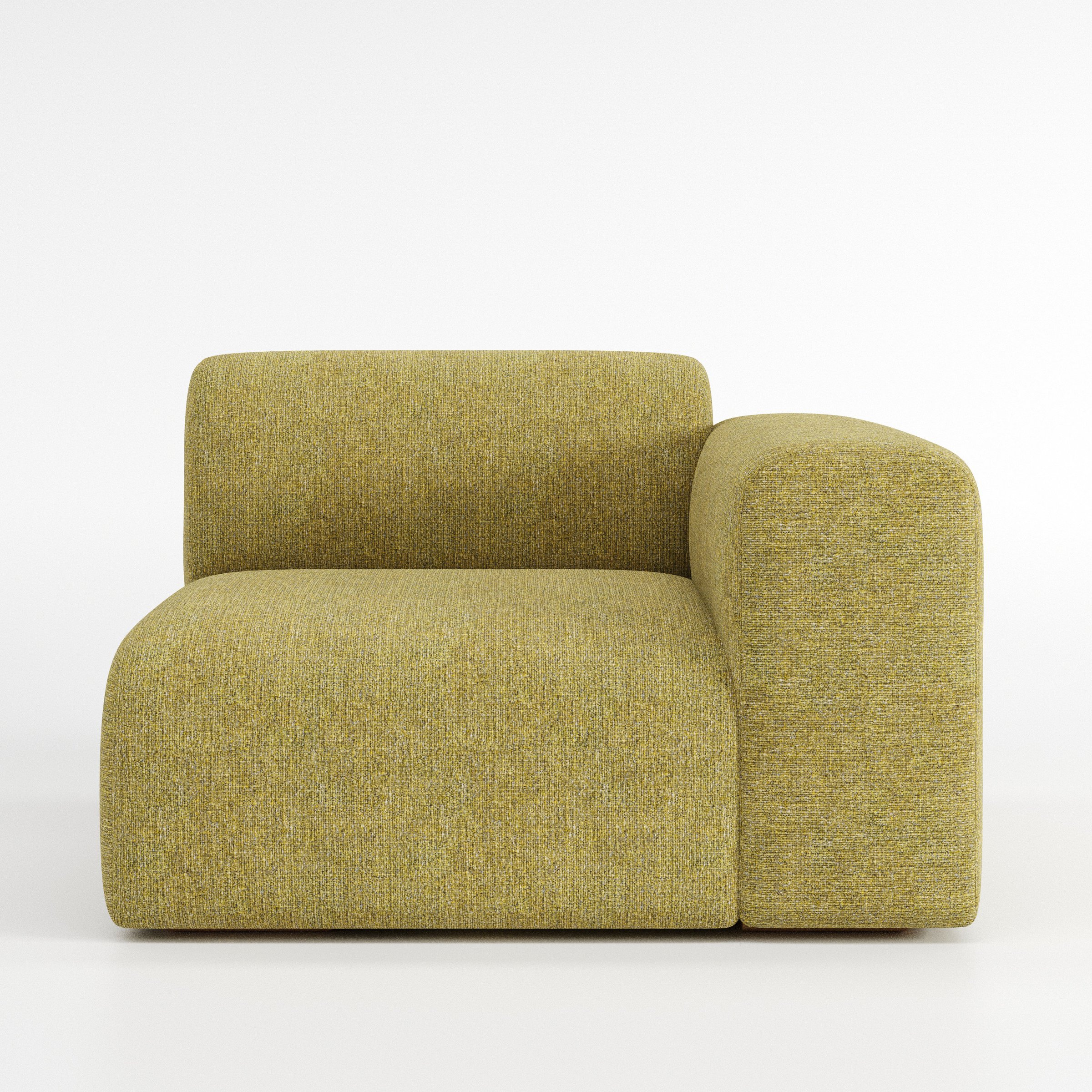Drumquin modular sofa right side unit in Heyling Tweed Sencha shown from the front with a low, deep seat and a rounded right armrest.