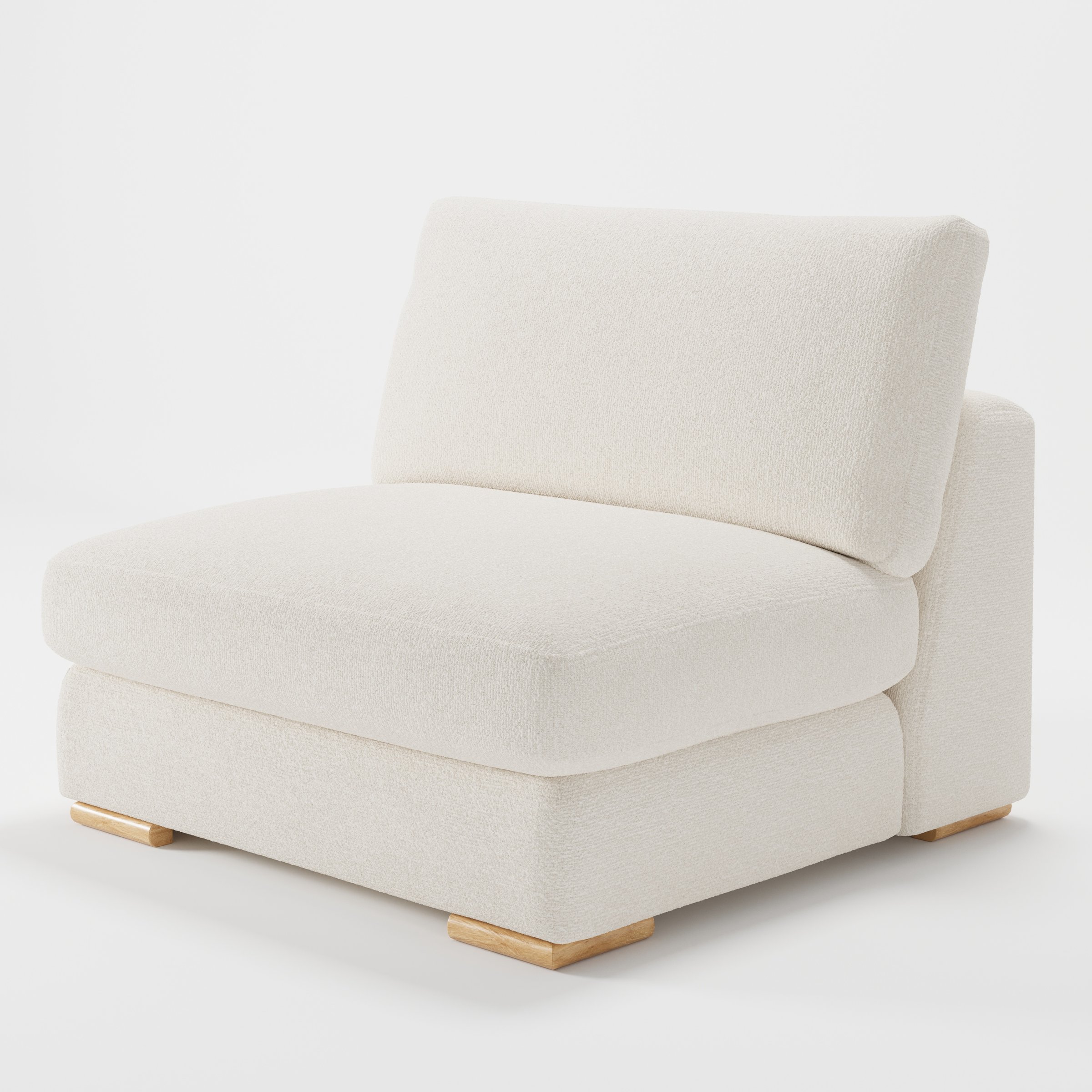 Olton single sofa unit in Kilda Bouclé Cream shown from a diagonal angle highlighting the deep seat, soft cushions and timber feet.