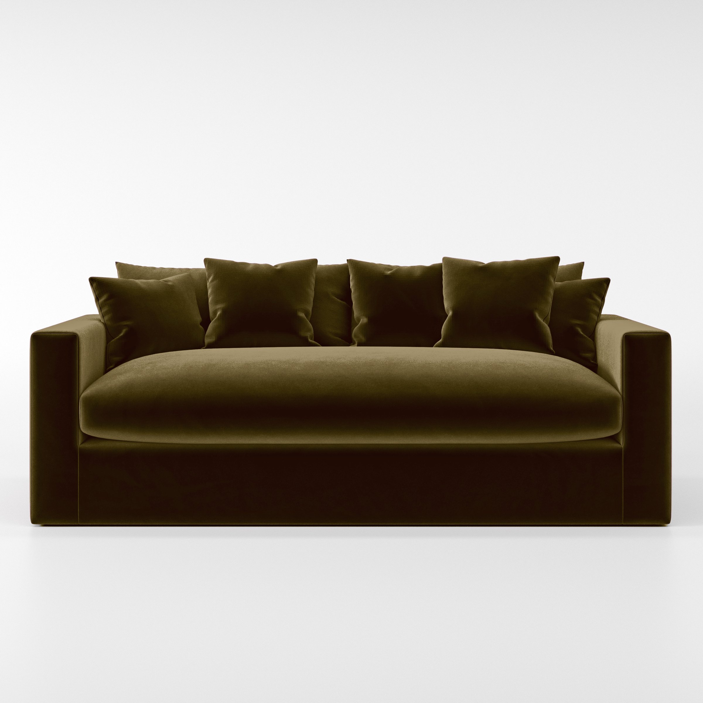 Front view of the Coniston sofa upholstered in Plush EasyClean Velvet in Cedar.
