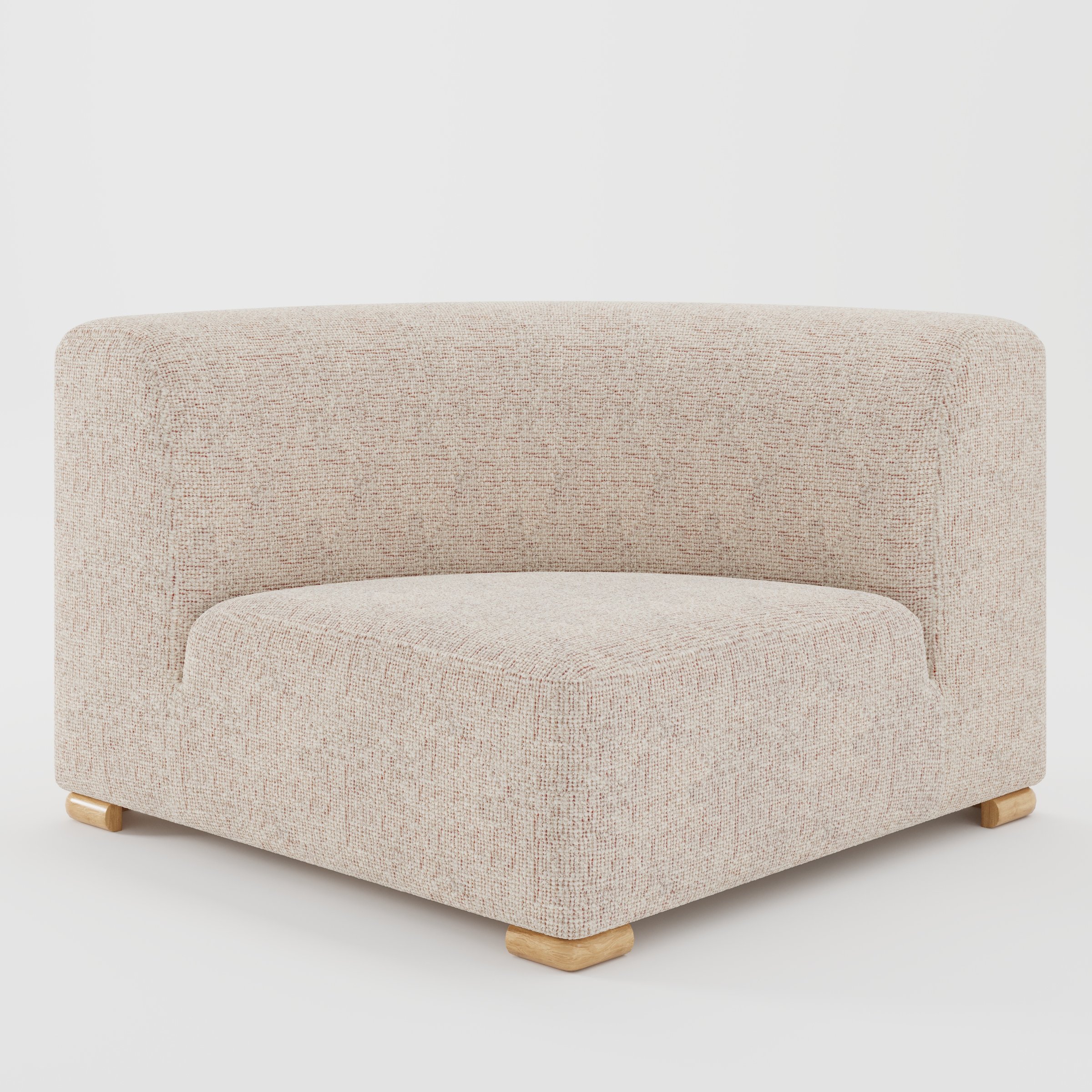 Tay corner sofa unit in Orsay Bouclé Cream and Copper shown from the front with a curved corner seat, wraparound backrest and visible timber feet.