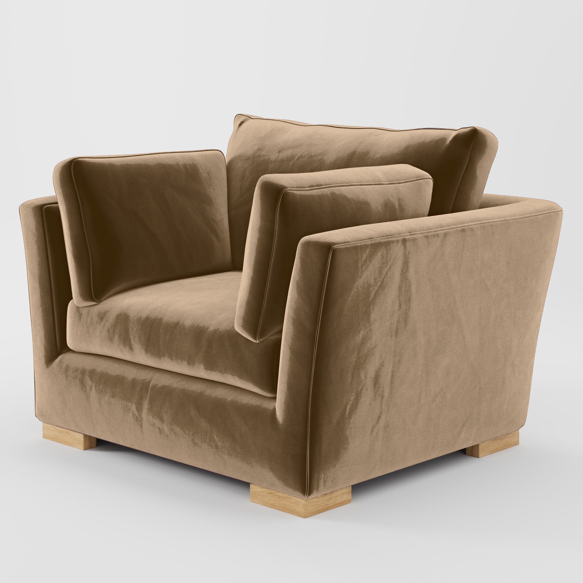 Diagonal view of the Stowe armchair upholstered in Plush EasyClean Velvet in Caribou.
