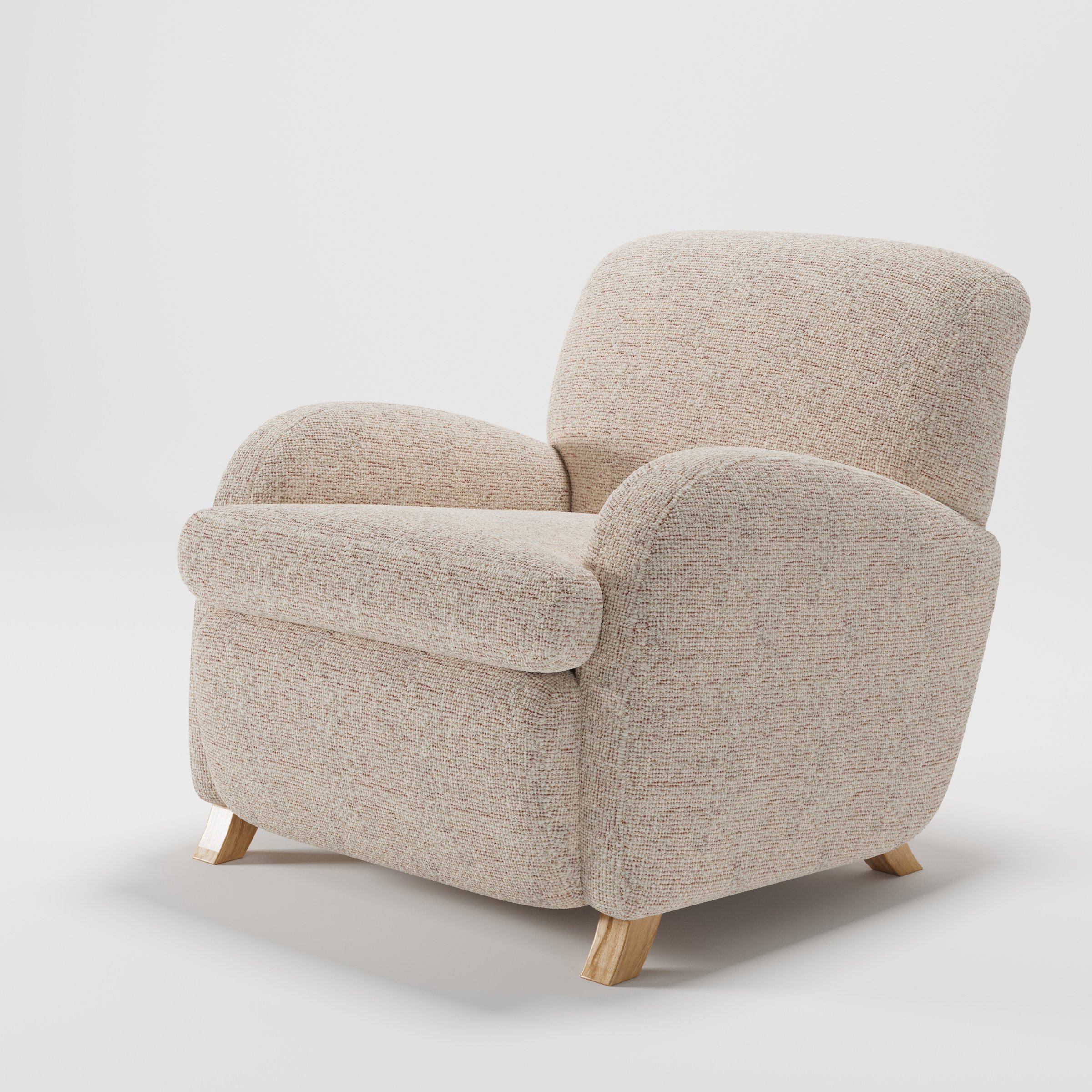 Rye armchair in Orsay Boucle Cream and Copper shown at a diagonal angle highlighting arms and seat depth.