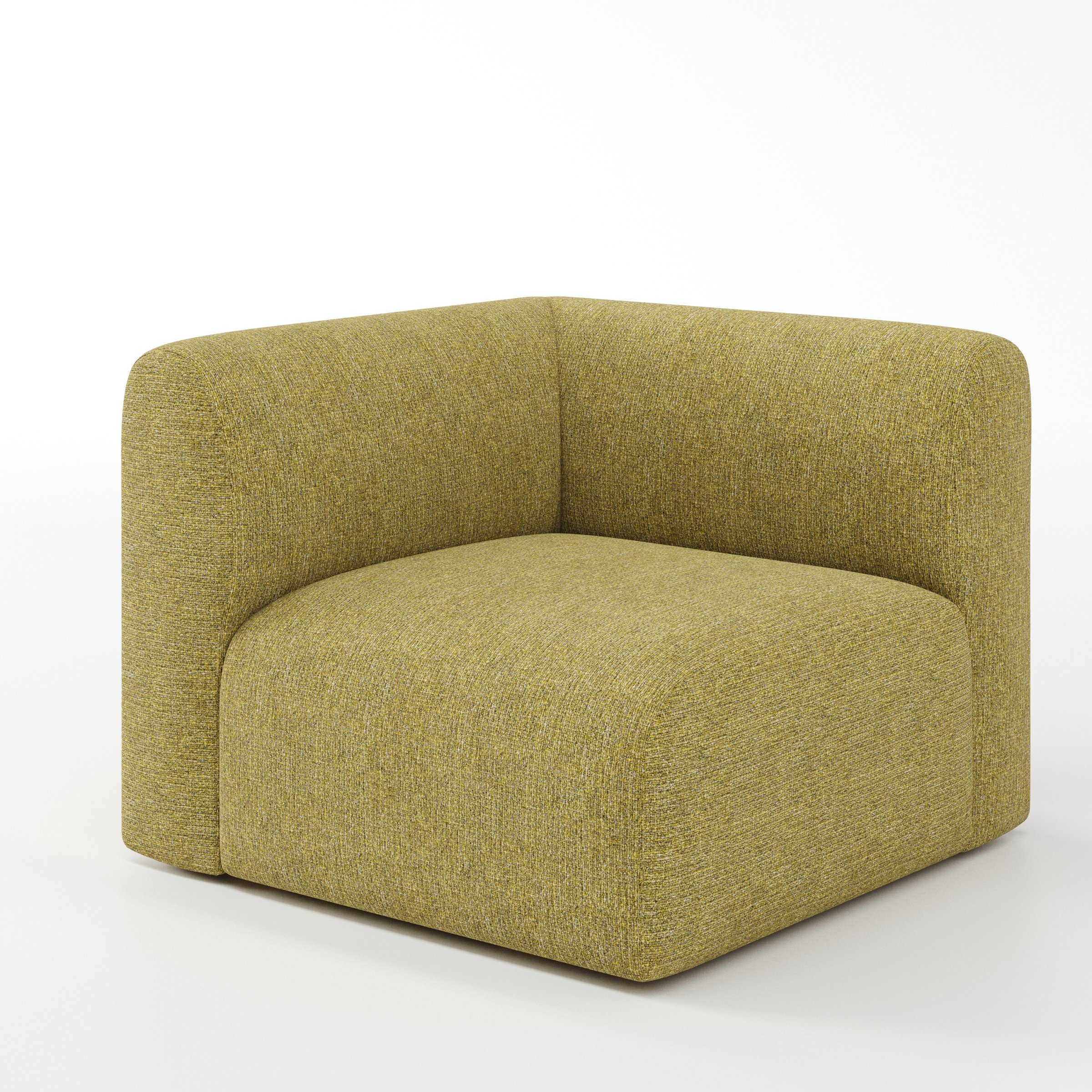 Drumquin modular sofa corner unit in Heyling Tweed Sencha shown at a diagonal angle highlighting the curved corner backrest and deep, enveloping seat.