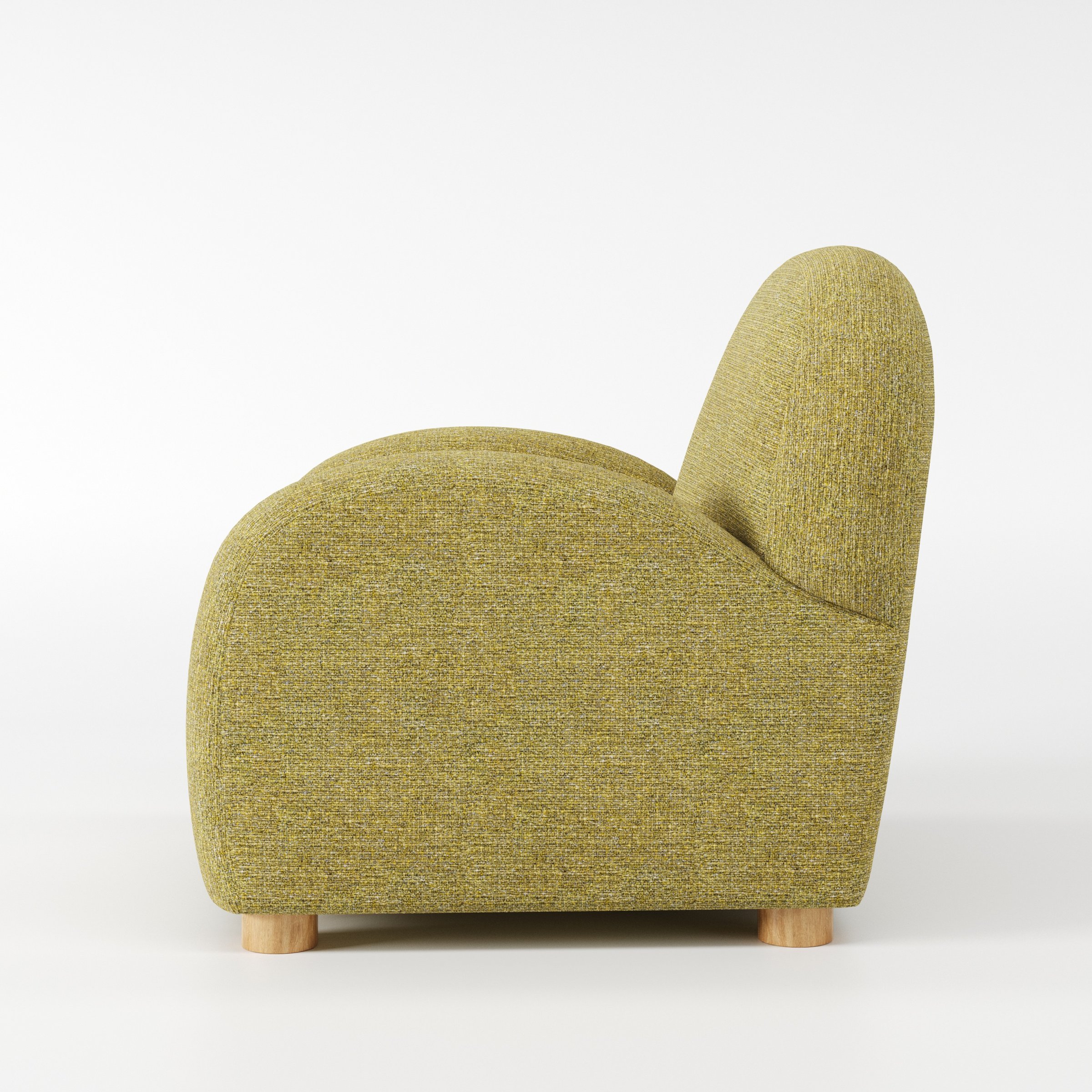 Awe armchair in Heyling Tweed Sencha shown in side profile displaying proportions and overall silhouette.