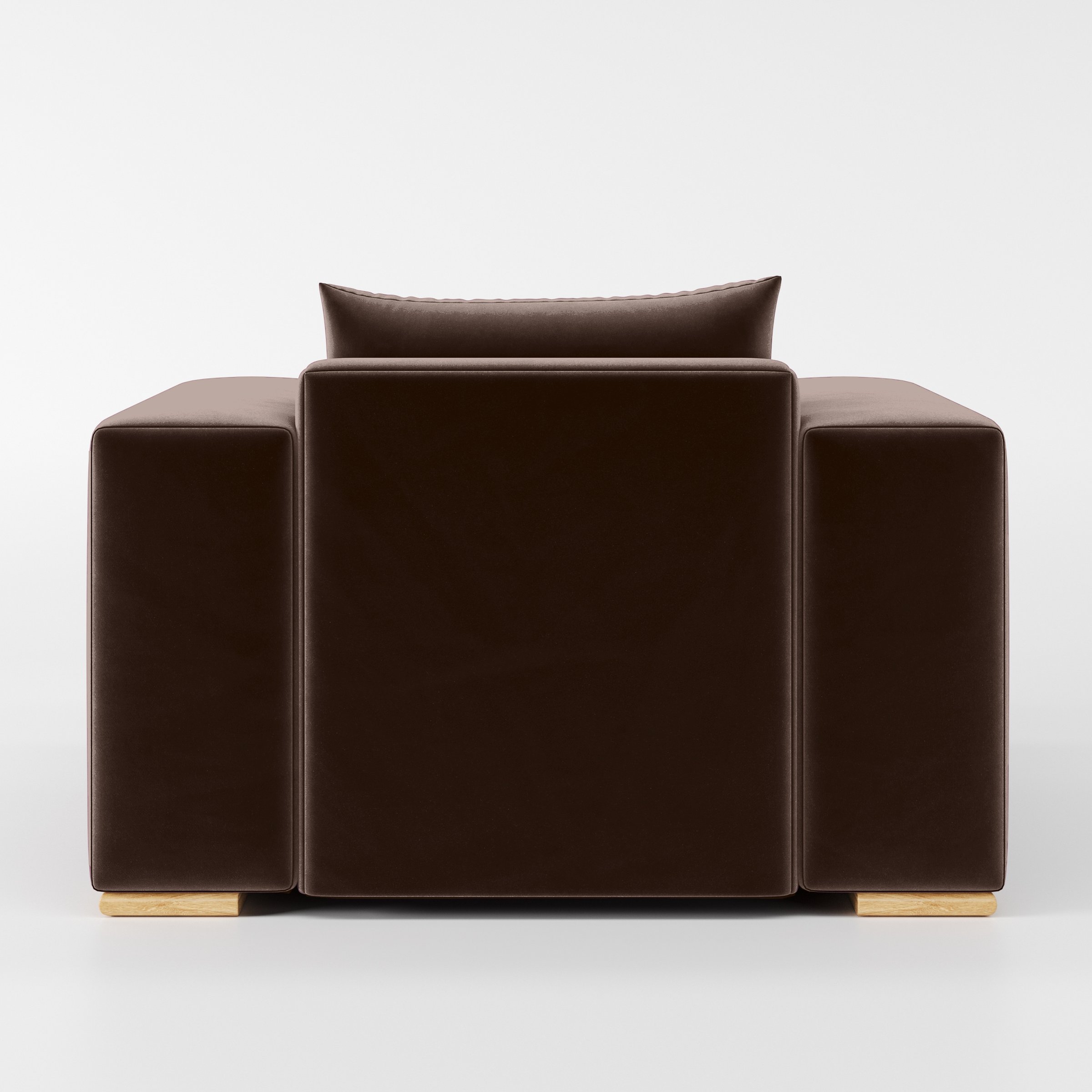 Rear view of the Fane armchair upholstered in Plush EasyClean Velvet in Mole.